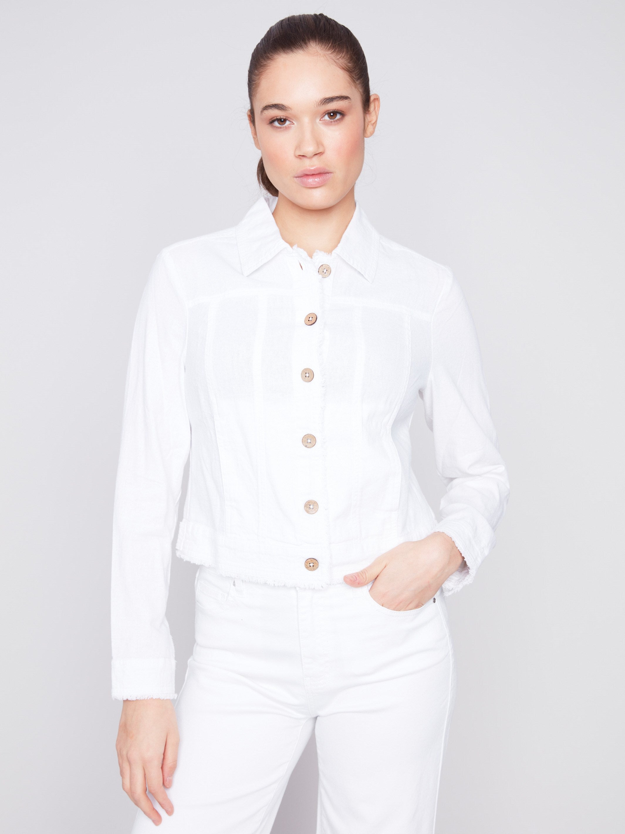 Linen Blend Jacket - White - Charlie B Collection Canada - Image 3