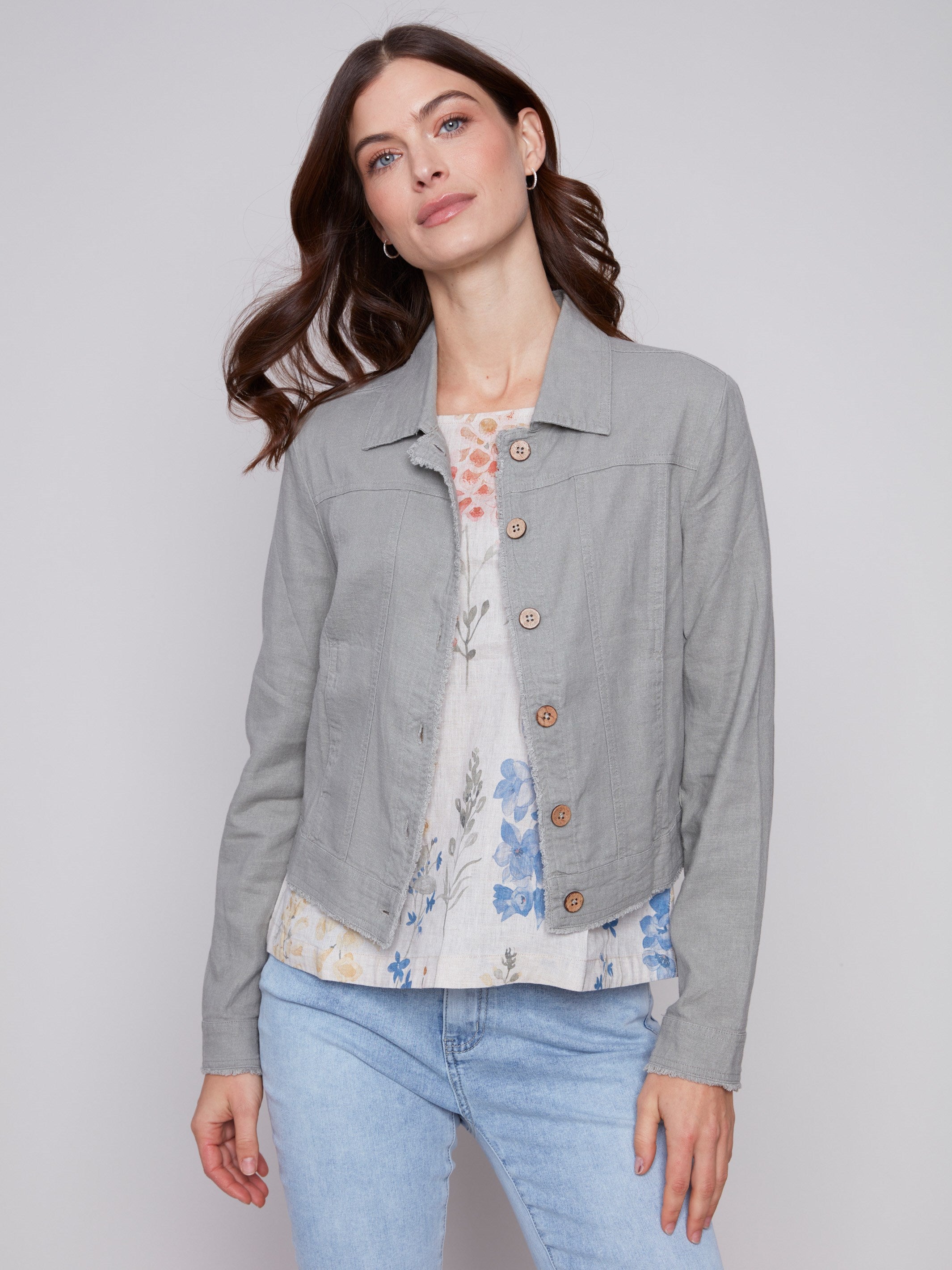 Linen Blend Jacket - Celadon - Charlie B Collection Canada - Image 1