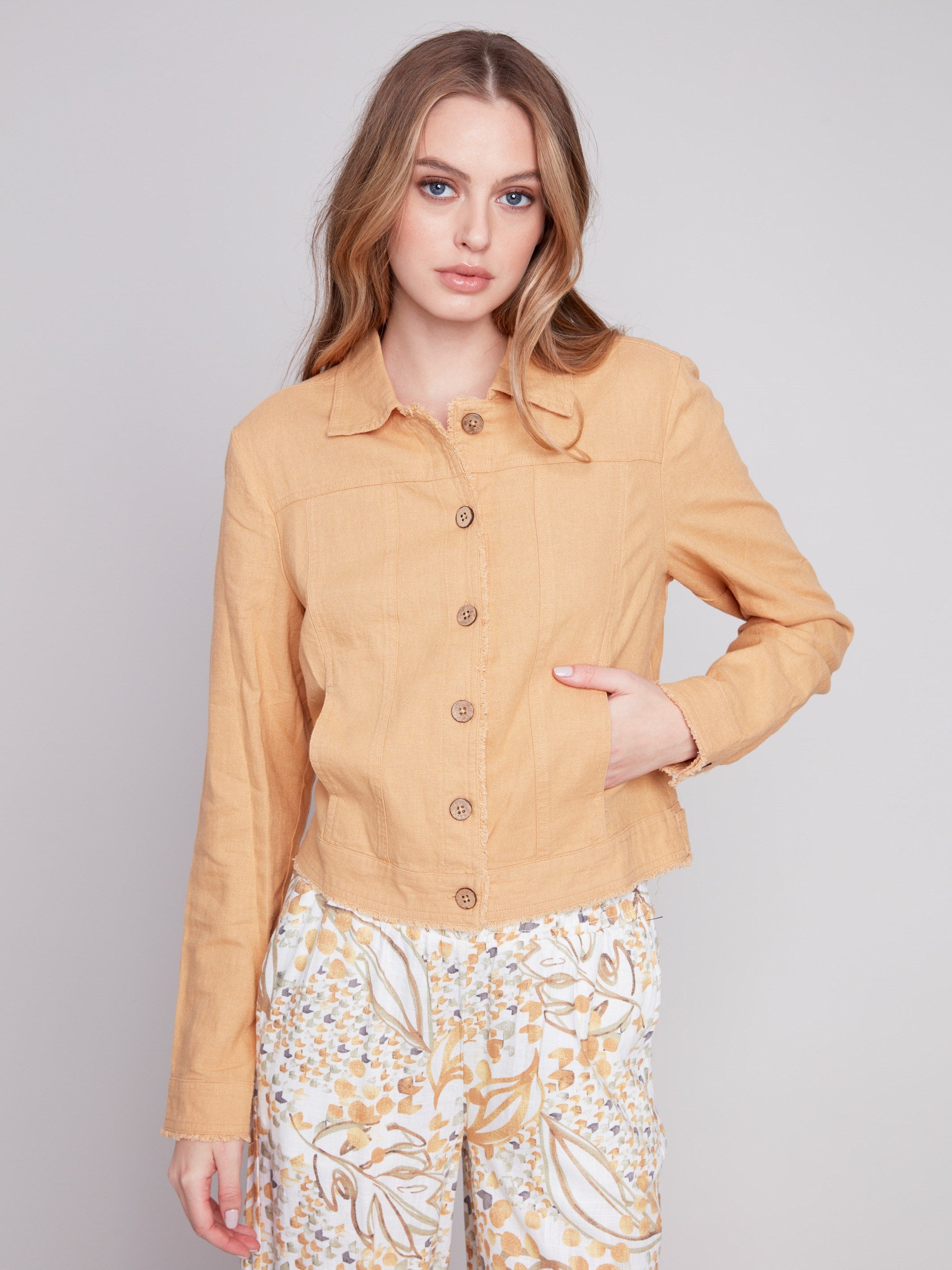 Linen Blend Jacket - Corn - Charlie B Collection Canada - Image 2
