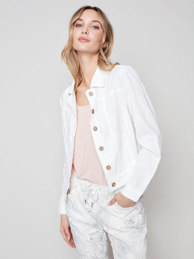 Linen Blend Jacket - White - C6199 Charlie B Collection Canada