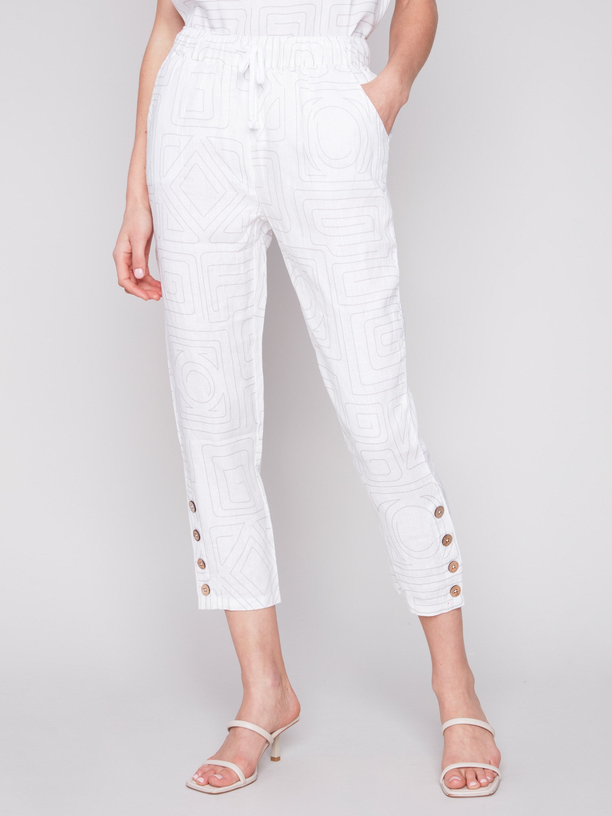 Linen Jogger Pants with Button Detail - Light Grey - Charlie B Collection Canada - Image 2