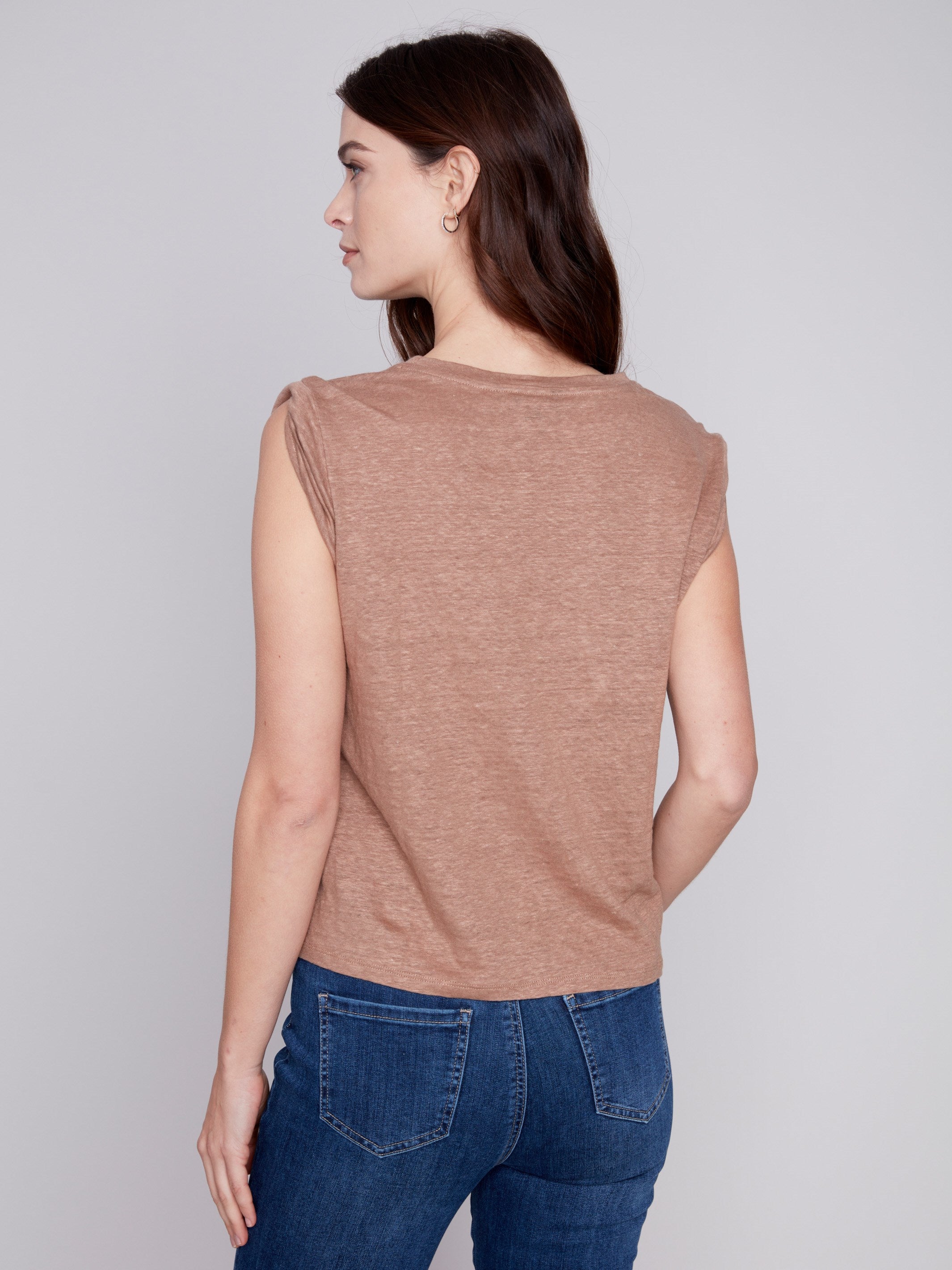 Linen Tank Top with Sleeve Detail - Caramel - Charlie B Collection Canada - Image 7