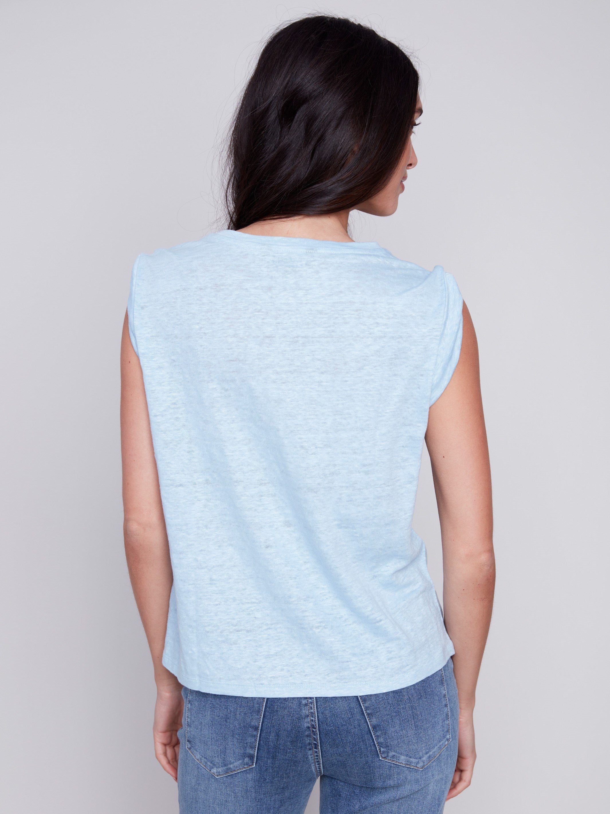Linen Tank Top with Sleeve Detail - Sky - Charlie B Collection Canada - Image 2