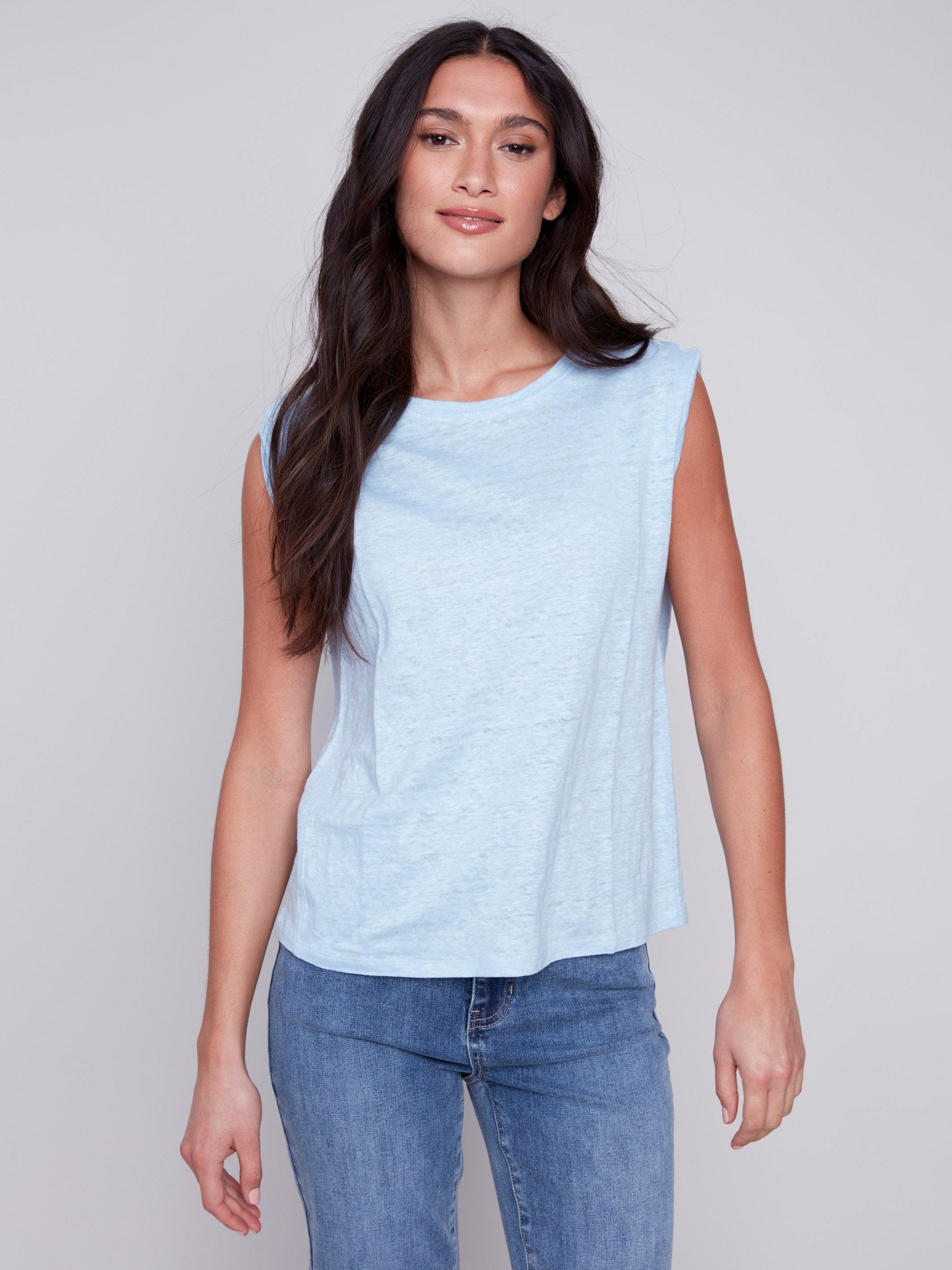 Linen Tank Top with Sleeve Detail - Sky - Charlie B Collection Canada - Image 4