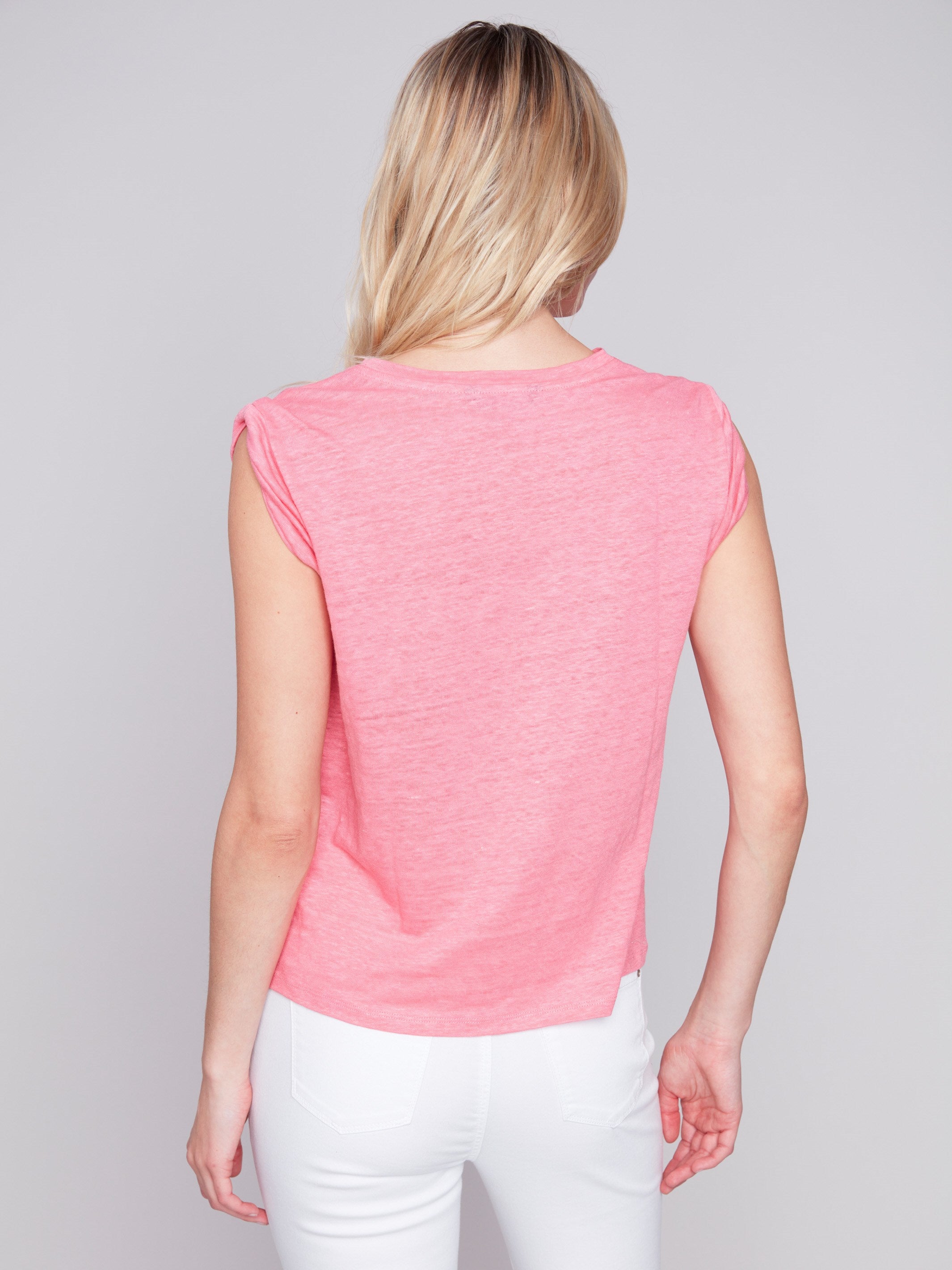 Linen Tank Top with Sleeve Detail - Flamingo - Charlie B Collection Canada - Image 2
