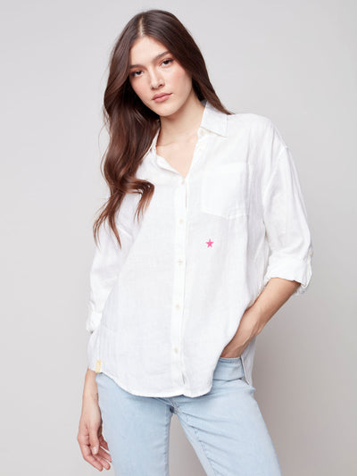 Linen Tunic Blouse with Stars - White - C4444 Charlie B Collection Canada