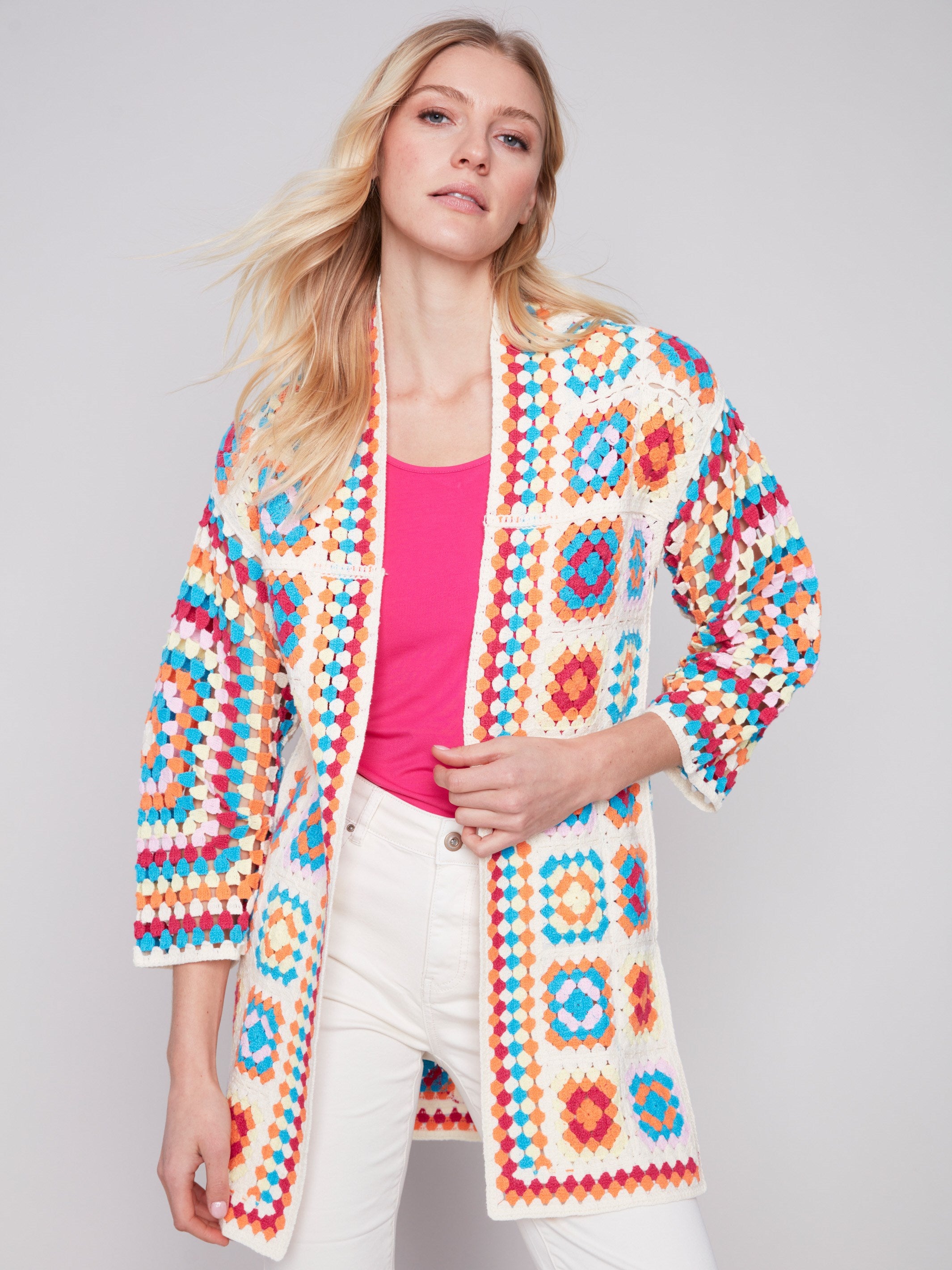 Long Color Block Crochet Cardigan - Punch - Charlie B Collection Canada - Image 1