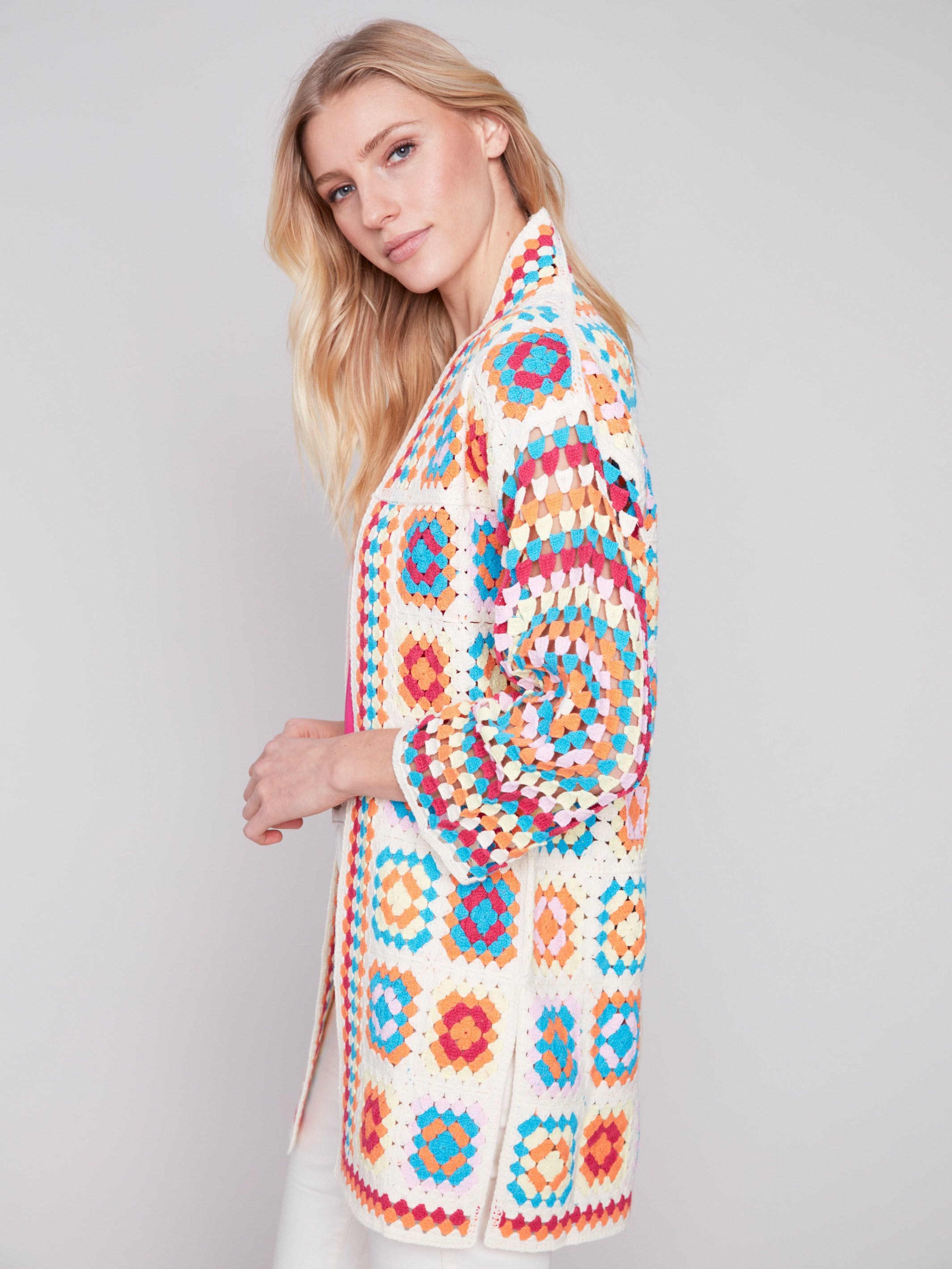 Long Color Block Crochet Cardigan - Punch - Charlie B Collection Canada - Image 2