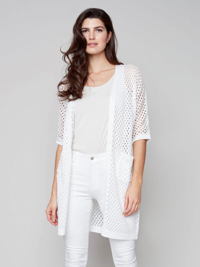 Long Crochet Cardigan - White - C2505 Charlie B Collection Canada