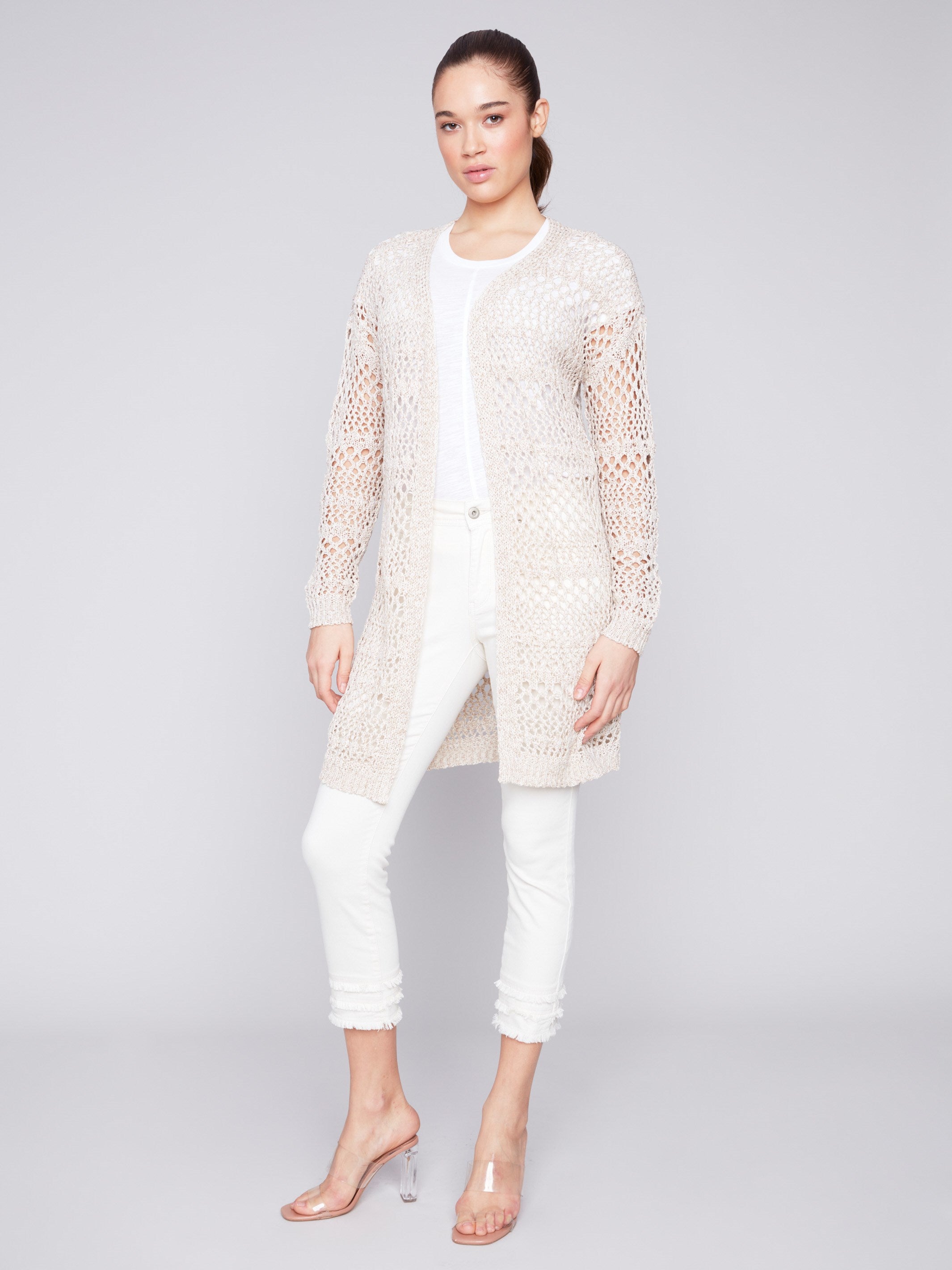 Long Knit Crochet Cardigan - Beige - Charlie B Collection Canada - Image 3