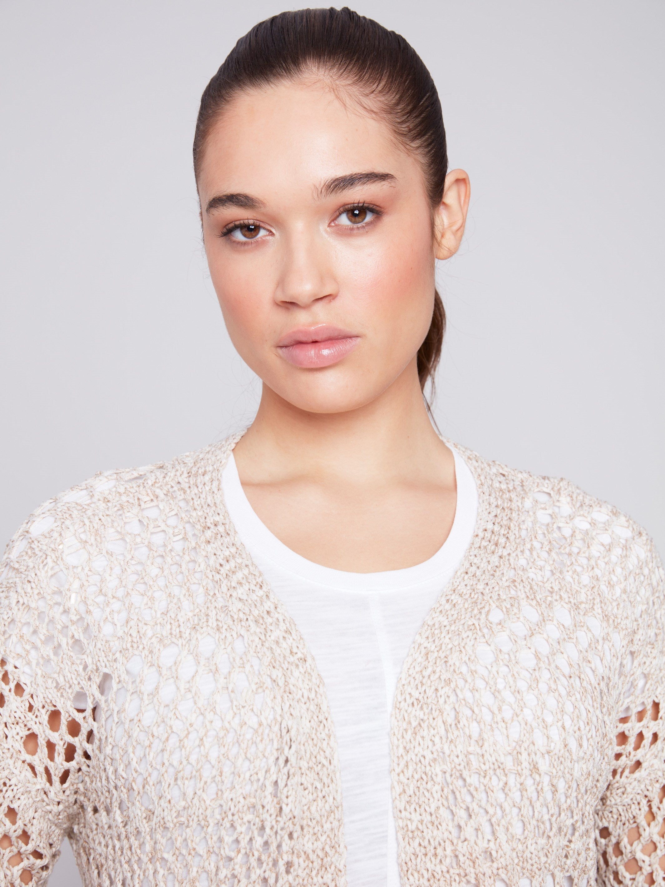 Long Knit Crochet Cardigan - Beige - Charlie B Collection Canada - Image 4