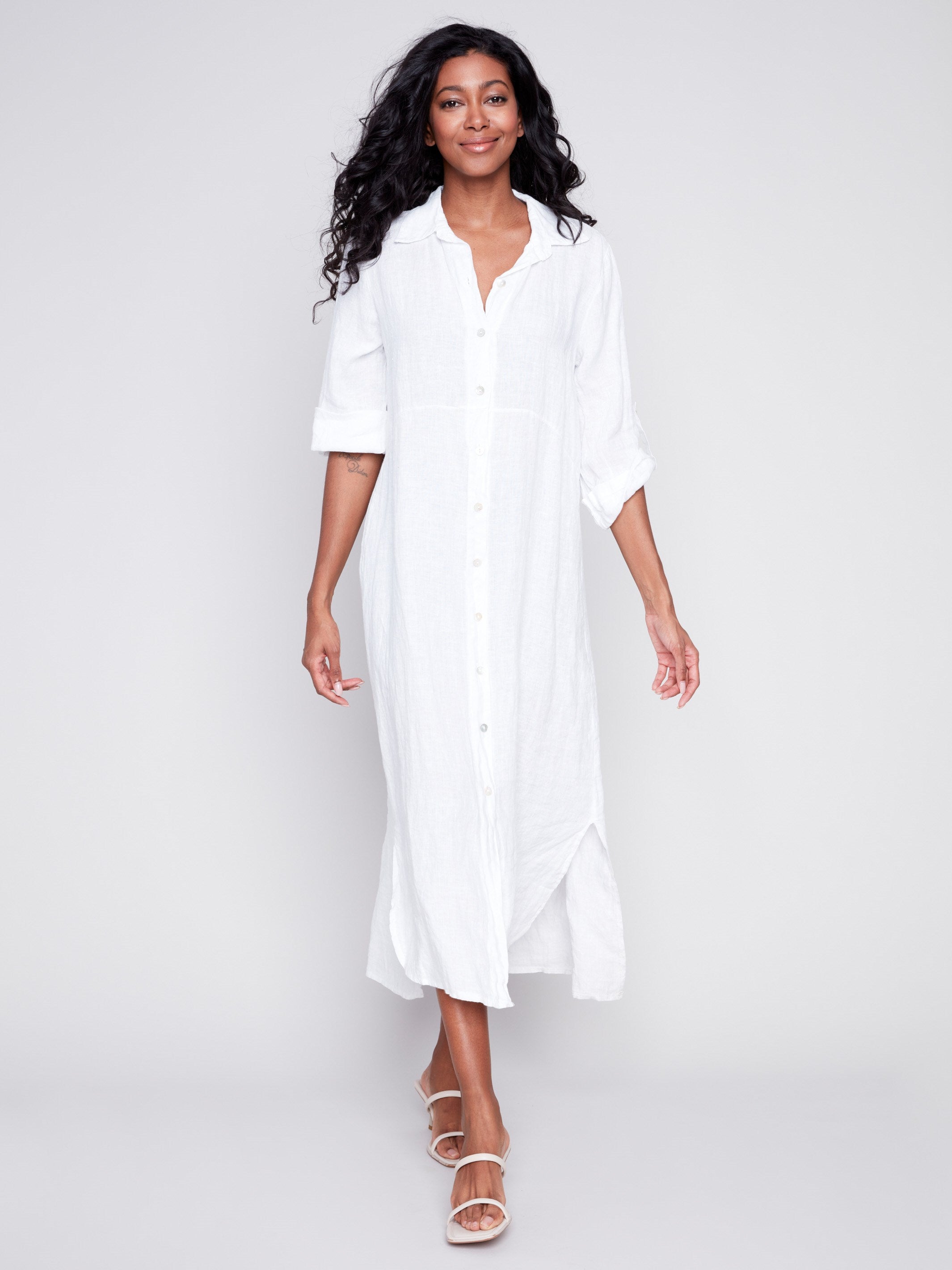 Long Linen Tunic Dress - White - Charlie B Collection Canada - Image 2