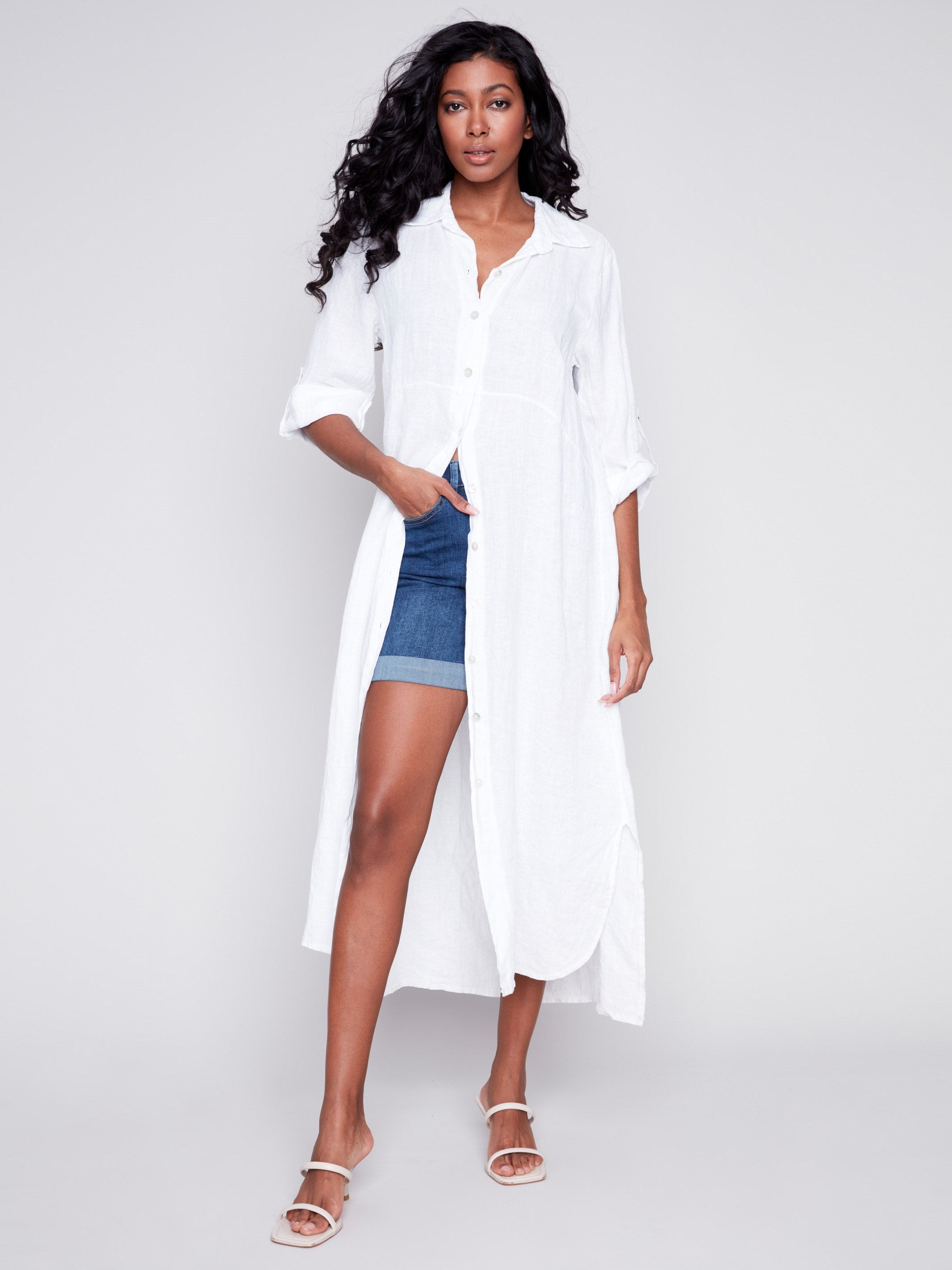 Long Linen Tunic Dress - White - Charlie B Collection Canada - Image 4