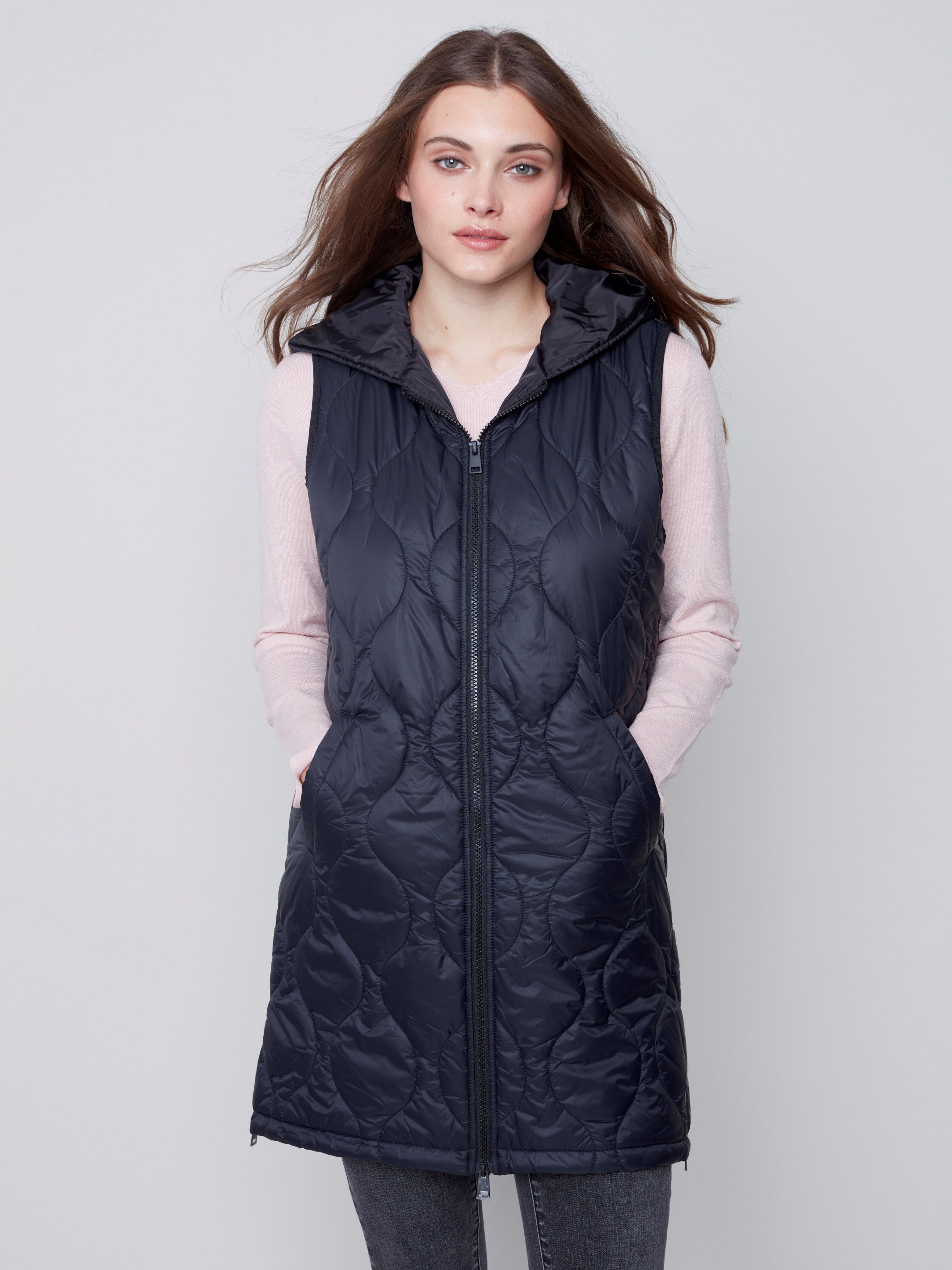 Long Quilted Puffer Vest with Hood - Black