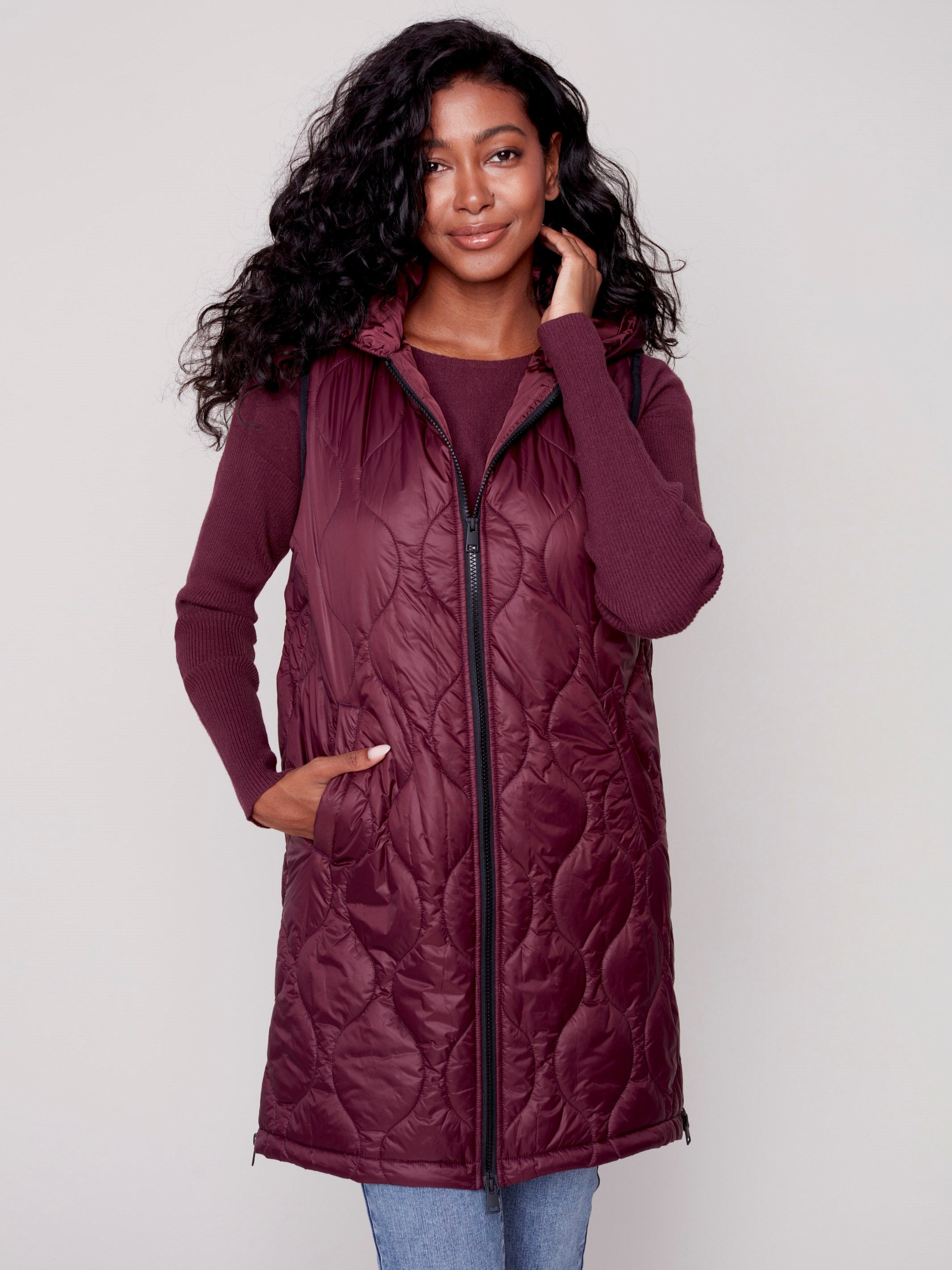 Long Quilted Puffer Vest with Hood - Port