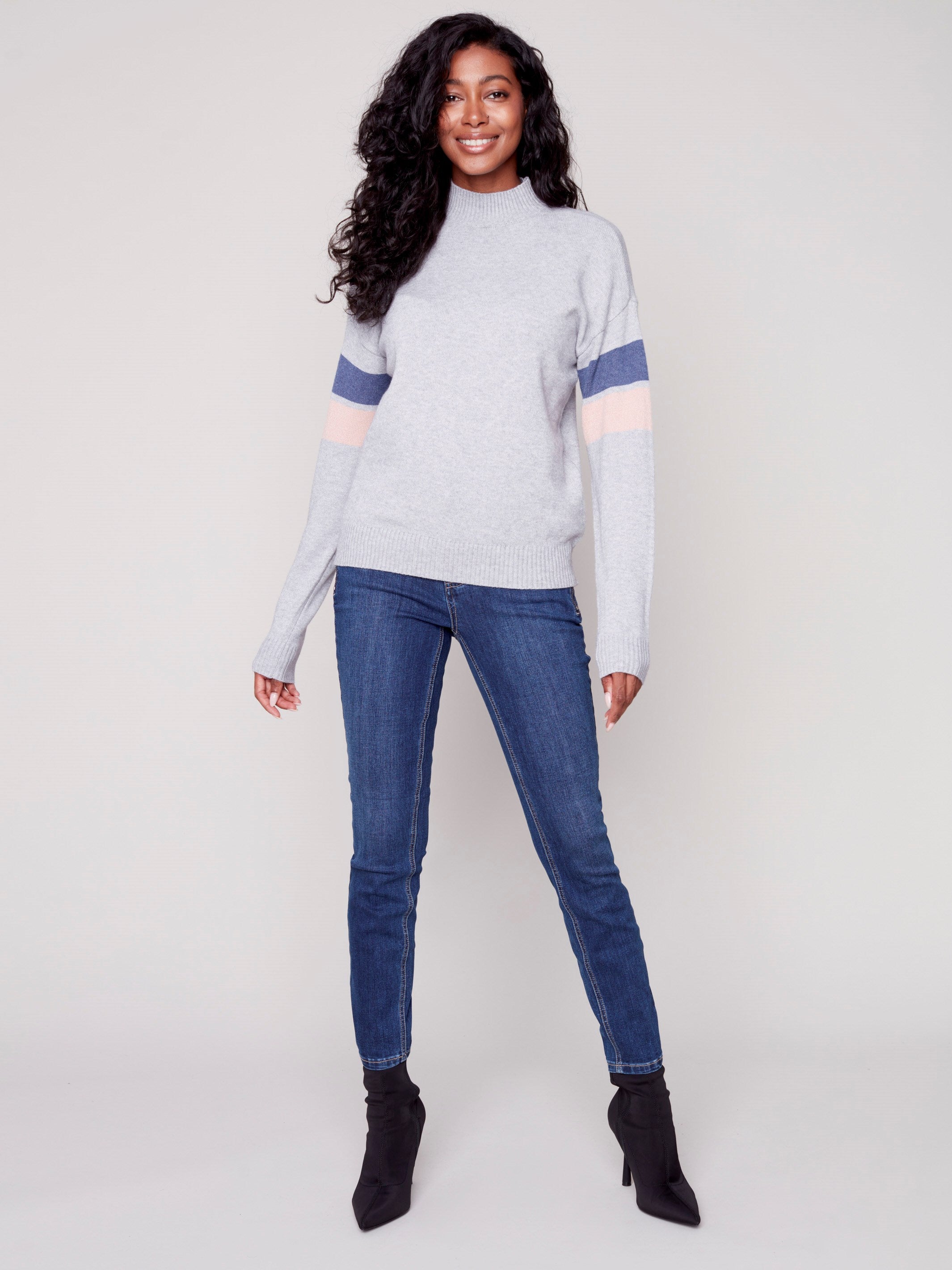 Mock Neck Sweater with Smiley Stitching - Grey