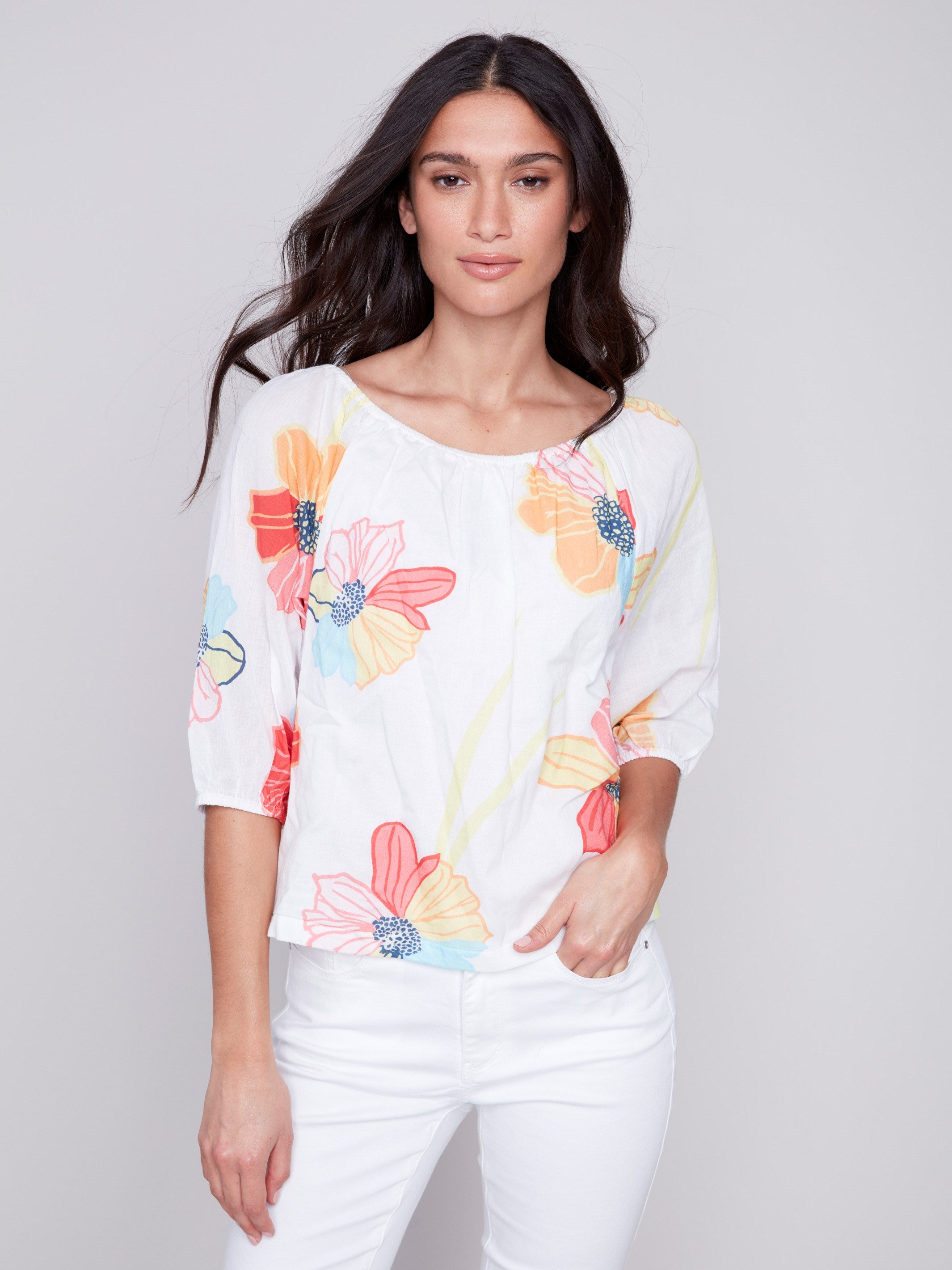 Off-The-Shoulder Cotton Blouse - Flowers - Charlie B Collection Canada - Image 2