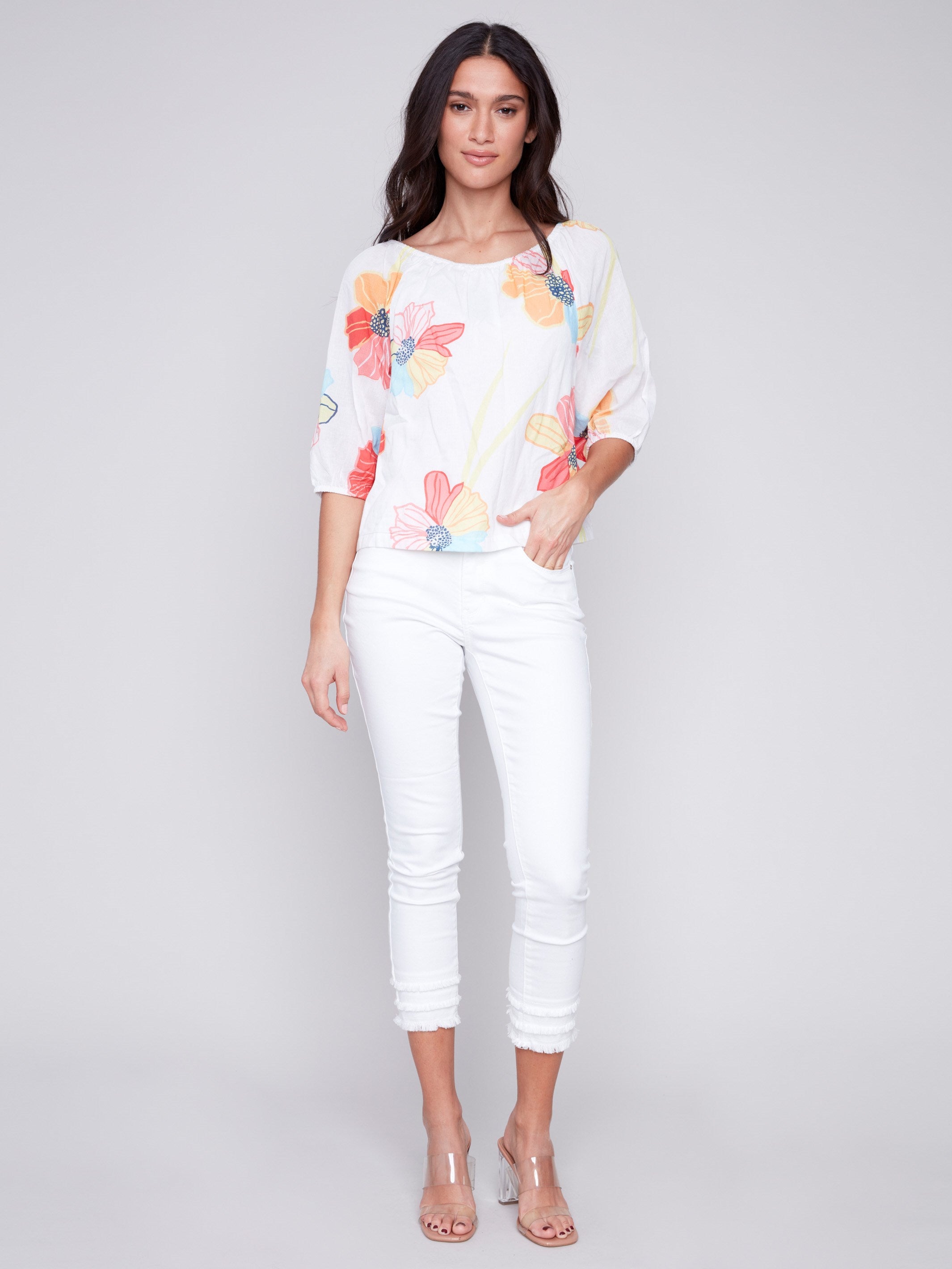 Off-The-Shoulder Cotton Blouse - Flowers - Charlie B Collection Canada - Image 3