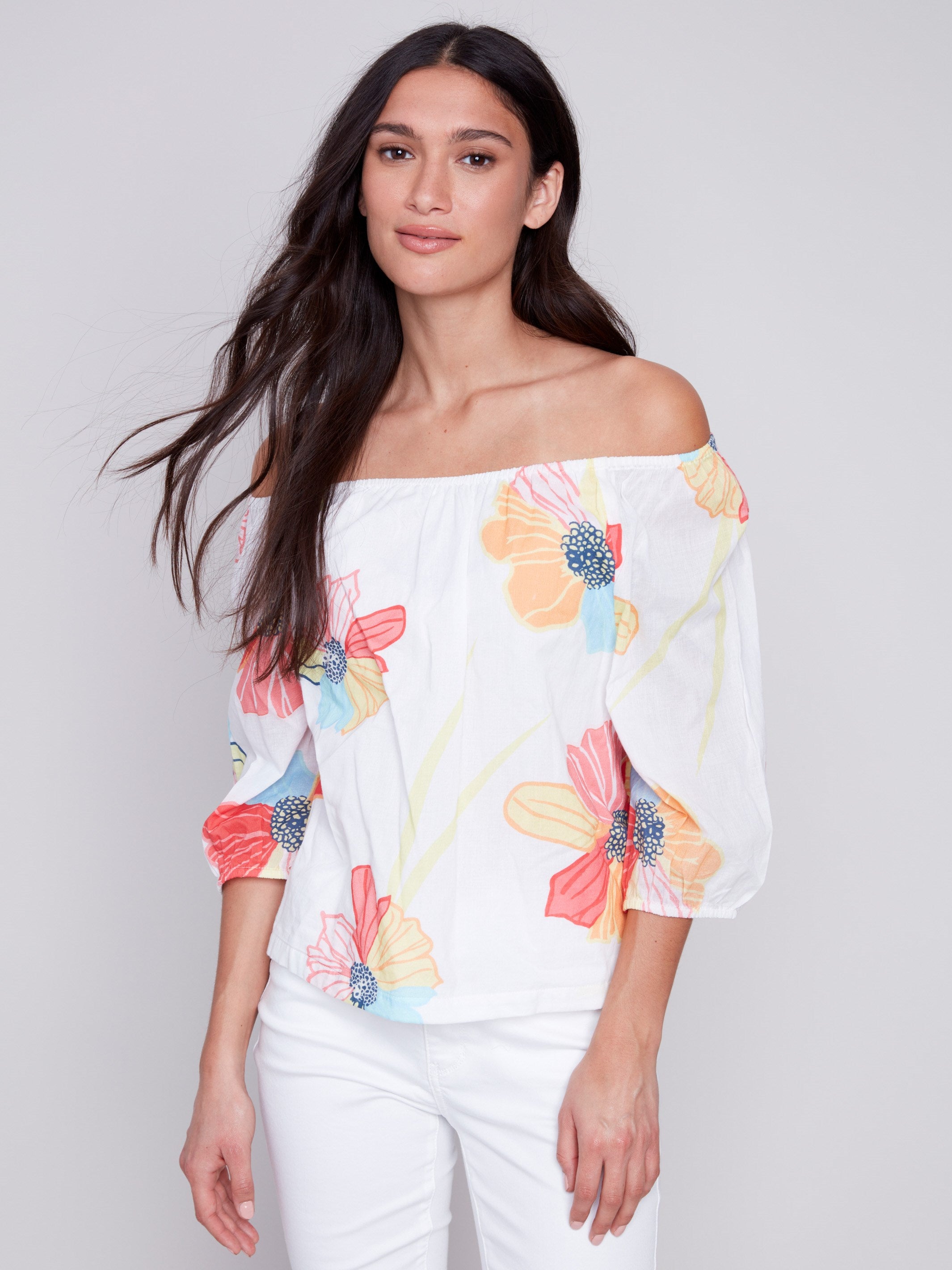 Off-The-Shoulder Cotton Blouse - Flowers - Charlie B Collection Canada - Image 5