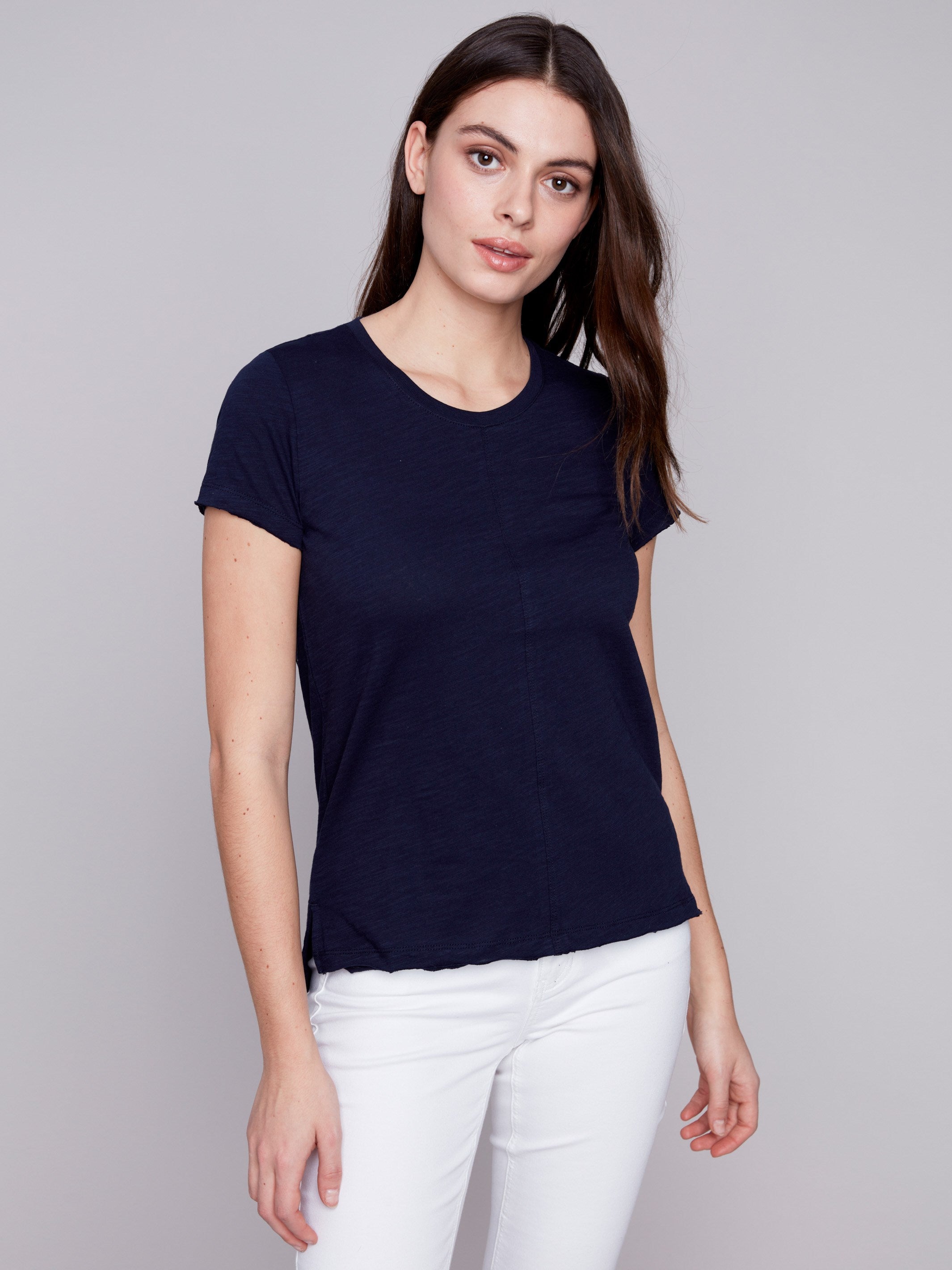 Organic Cotton Slub Knit T-Shirt - Navy - Charlie B Collection Canada - Image 1
