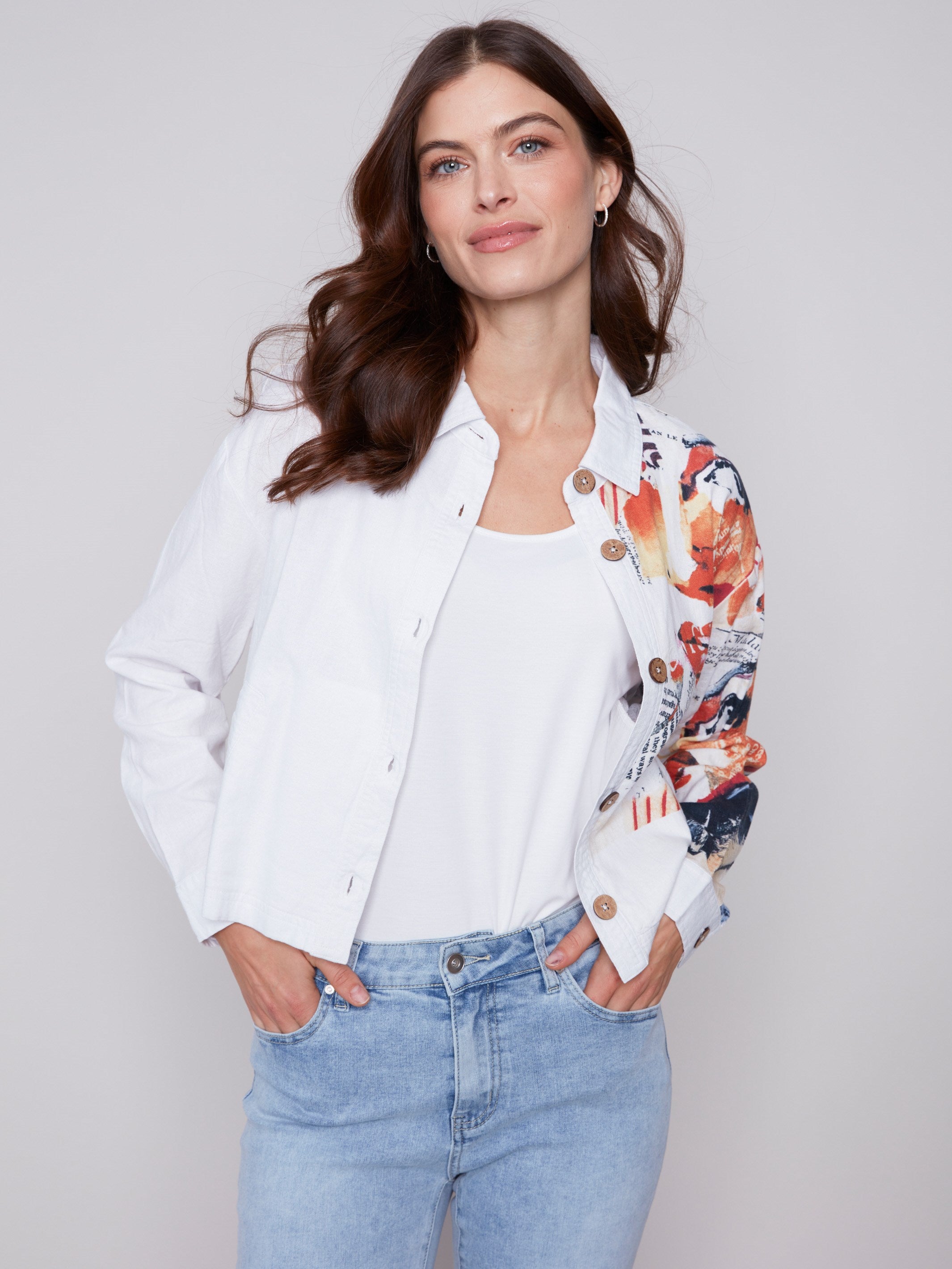 Placement Print Linen Blend Jacket - Monroe - Charlie B Collection Canada - Image 3