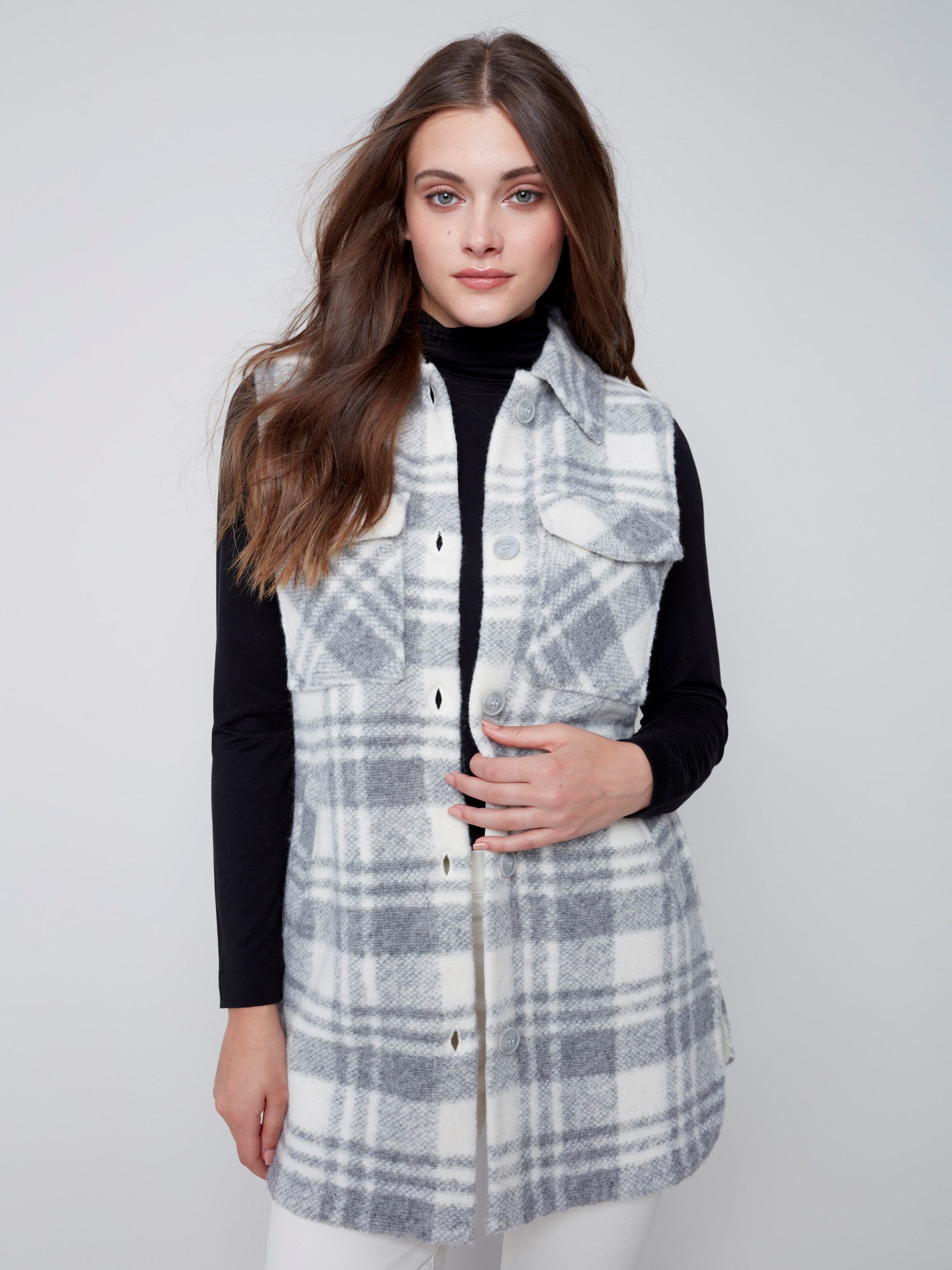 Plaid Boiled Wool Vest - Light Grey