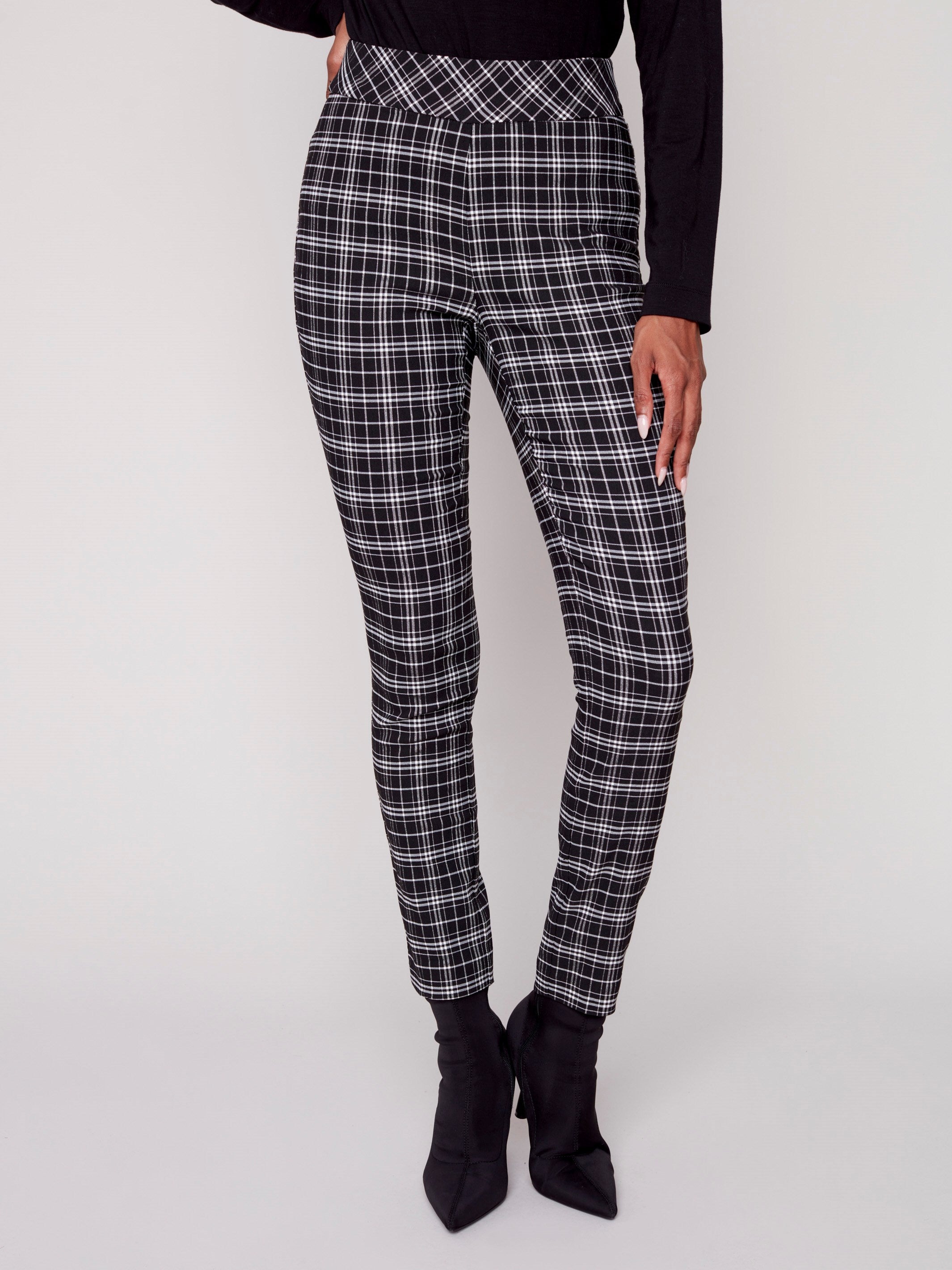 Pantalons motif tartan style fourreau - Noir et Blanc