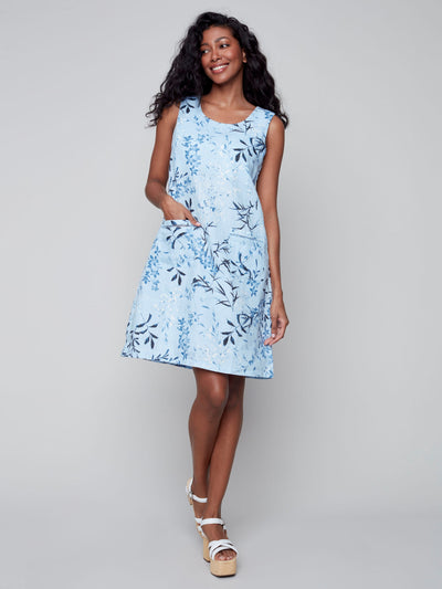 Printed A-Line Linen Dress - Cerulean - C3109 Charlie B Collection Canada