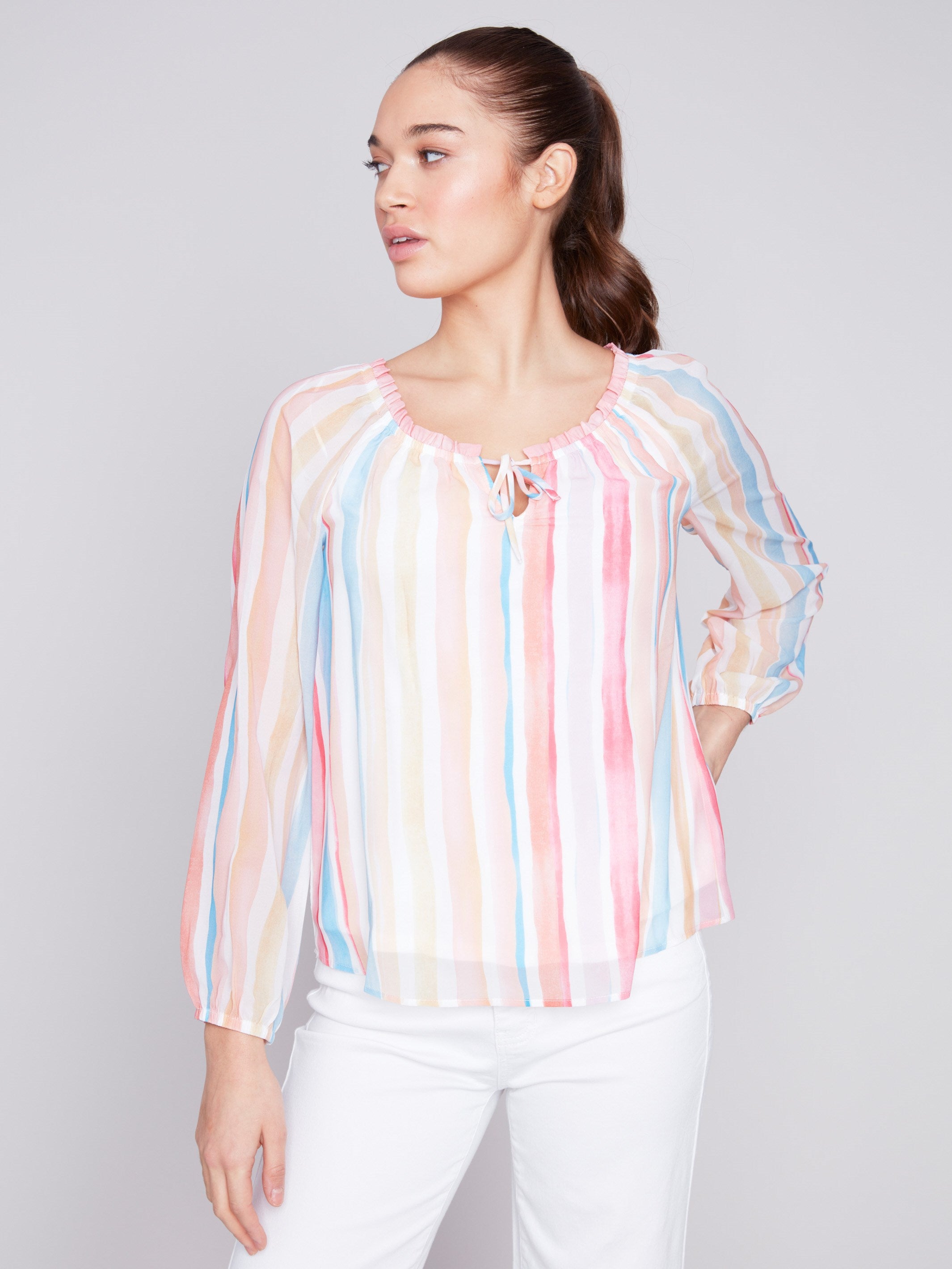 Printed Chiffon Blouse - Stripes - Charlie B Collection Canada - Image 2