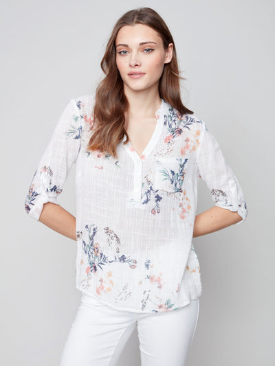 Printed Cotton Gauze Blouse - Bouquet - C4188 Charlie B Collection Canada 1