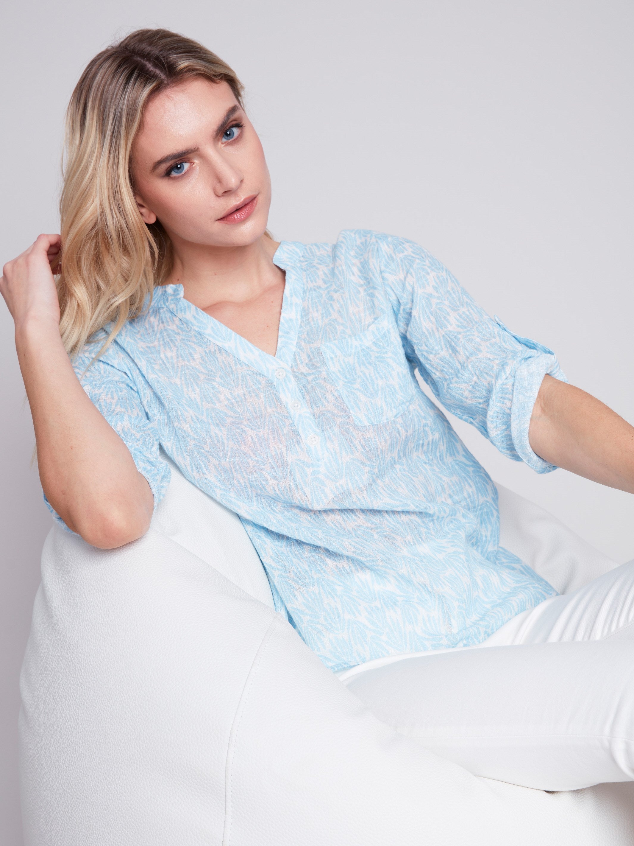 Printed Cotton Gauze Blouse - Sky - Charlie B Collection Canada - Image 4