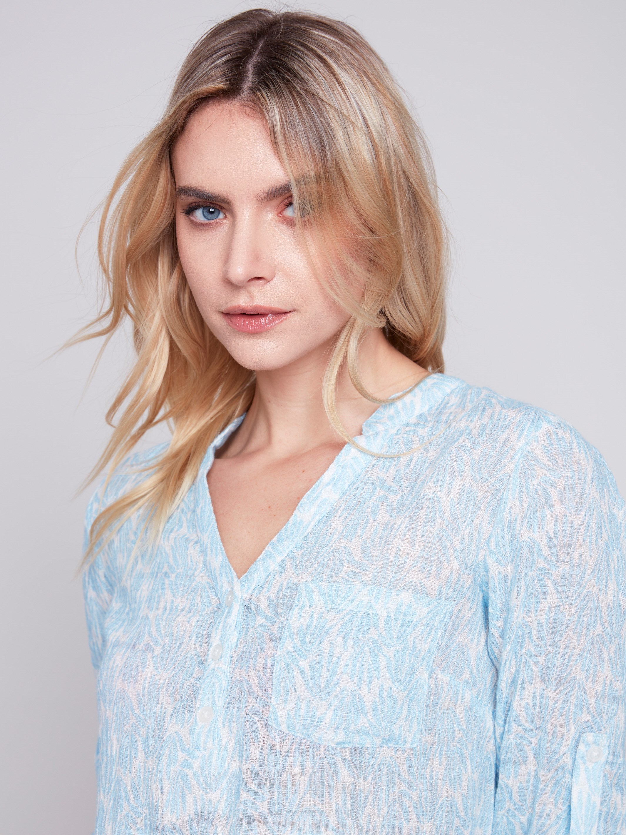 Printed Cotton Gauze Blouse - Sky - Charlie B Collection Canada - Image 5