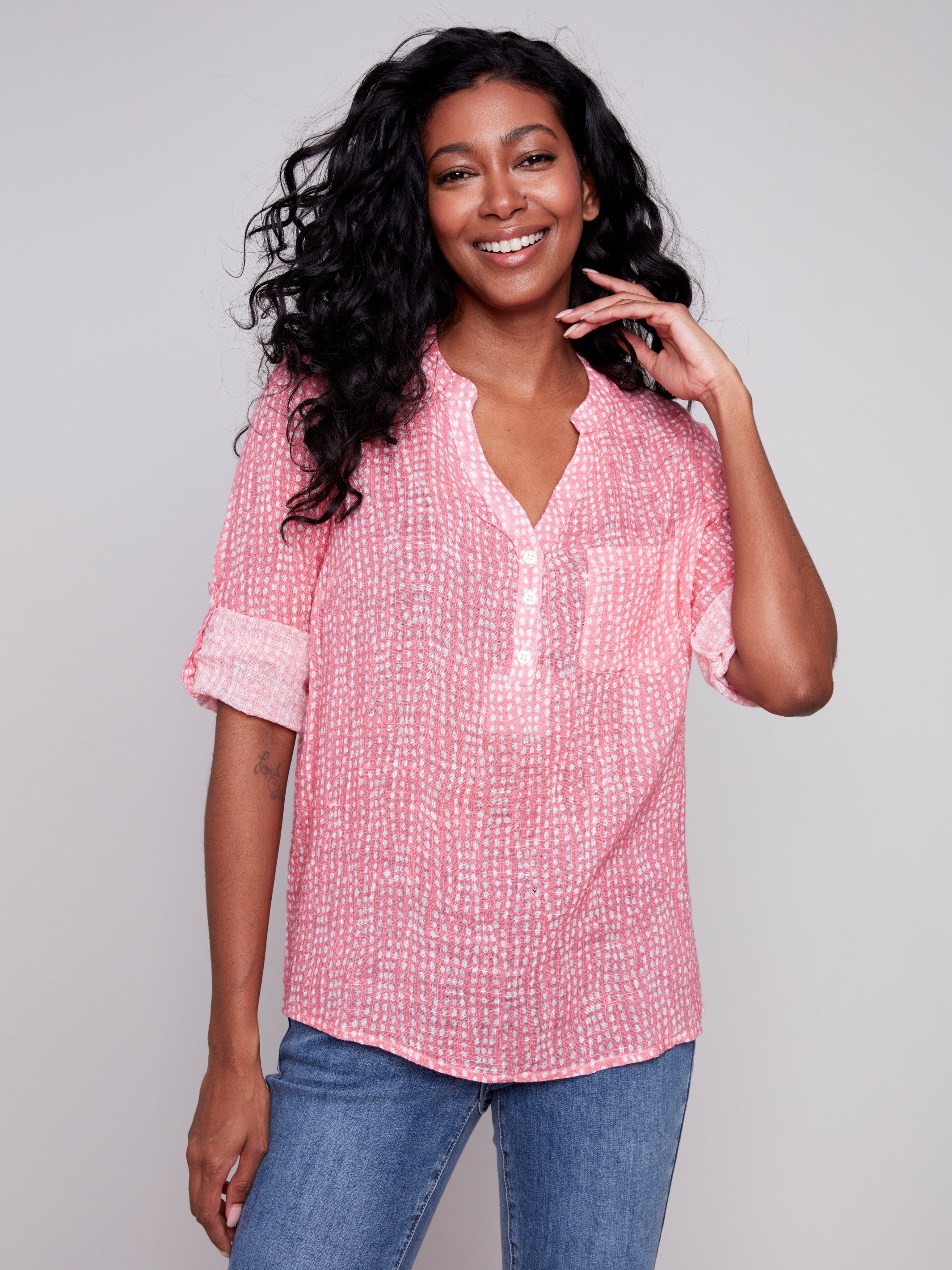Printed Cotton Gauze Blouse - Flamingo - Charlie B Collection Canada - Image 1