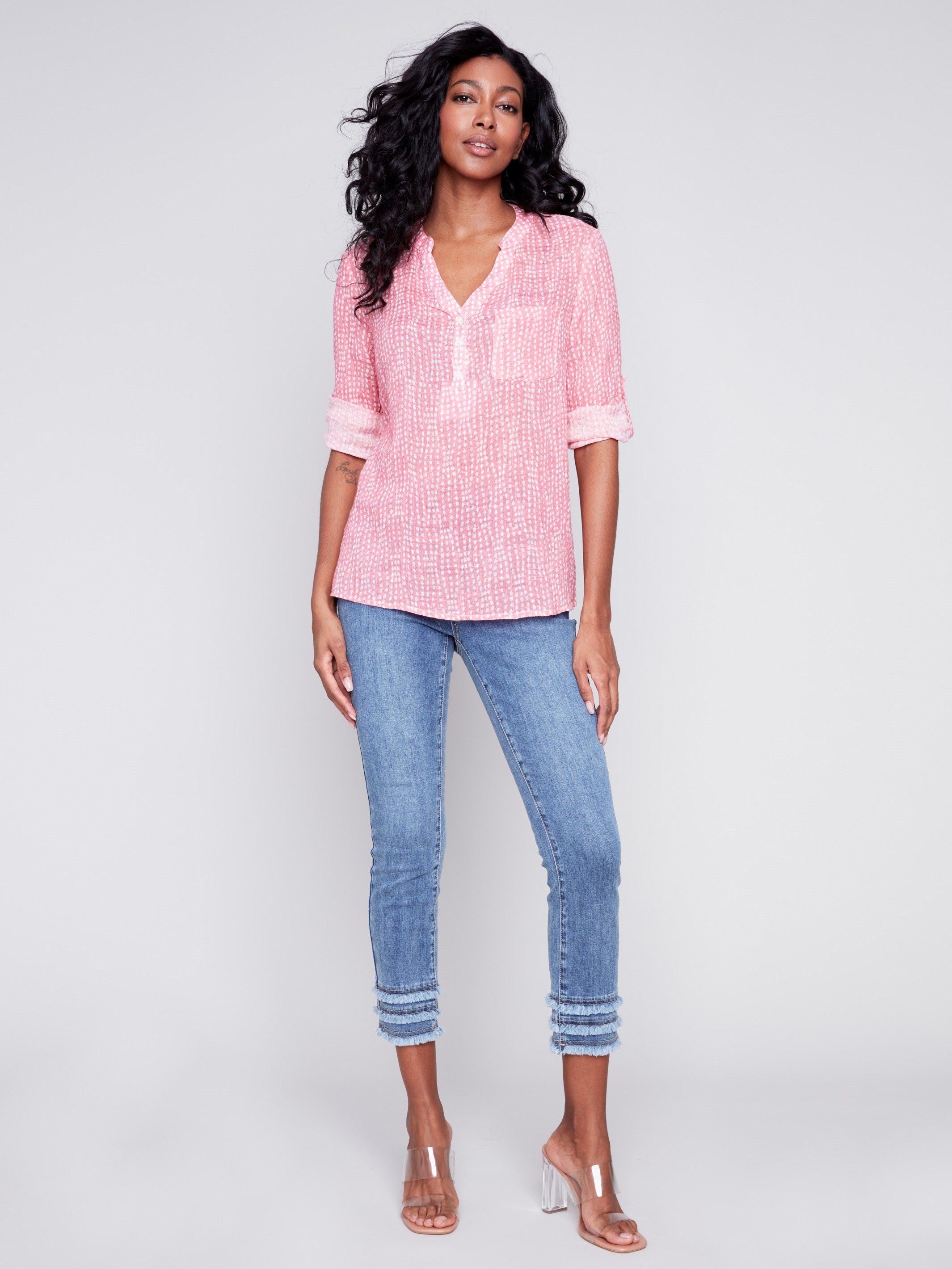 Printed Cotton Gauze Blouse - Flamingo - Charlie B Collection Canada - Image 2