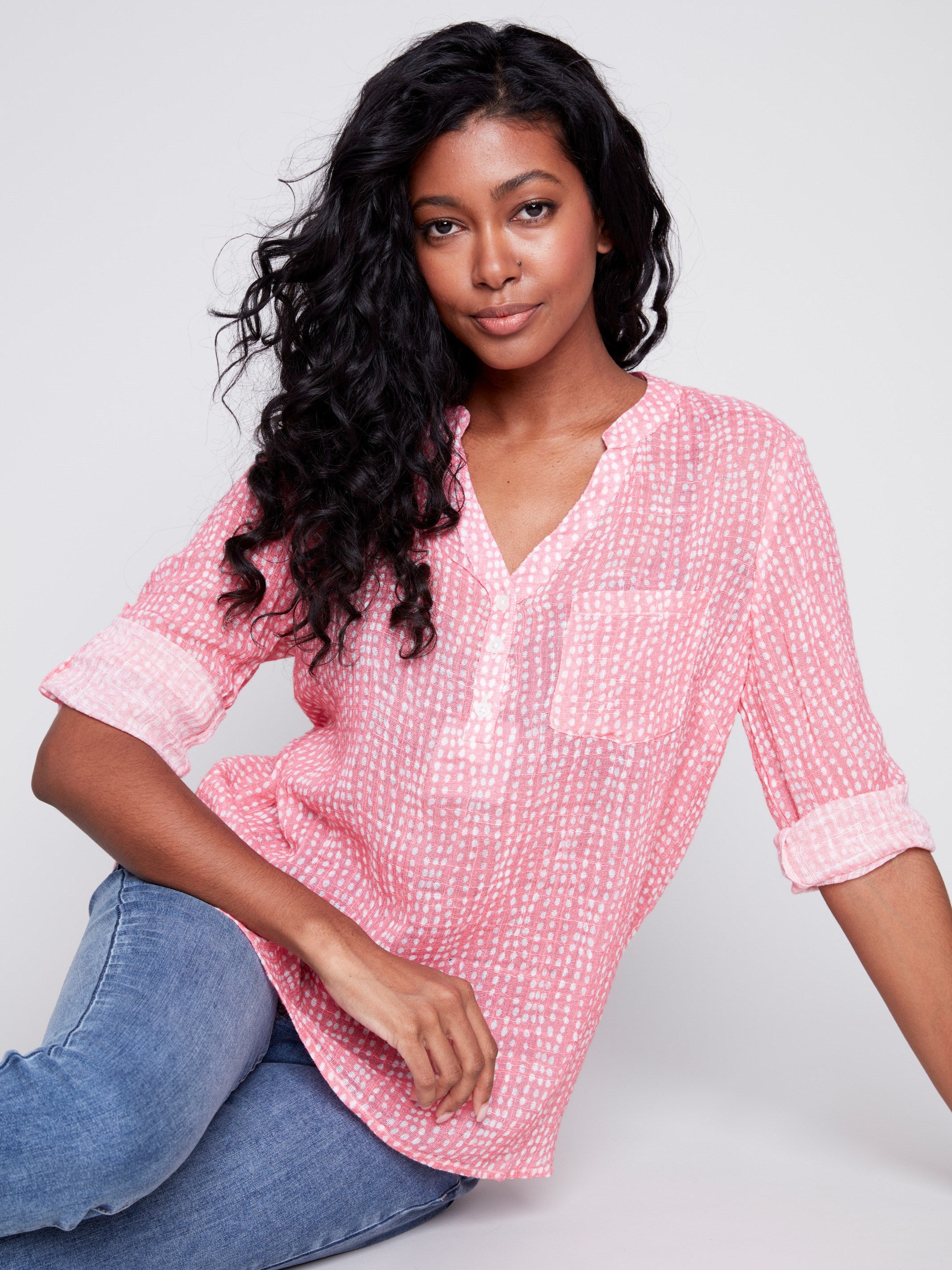 Printed Cotton Gauze Blouse - Flamingo - Charlie B Collection Canada - Image 3
