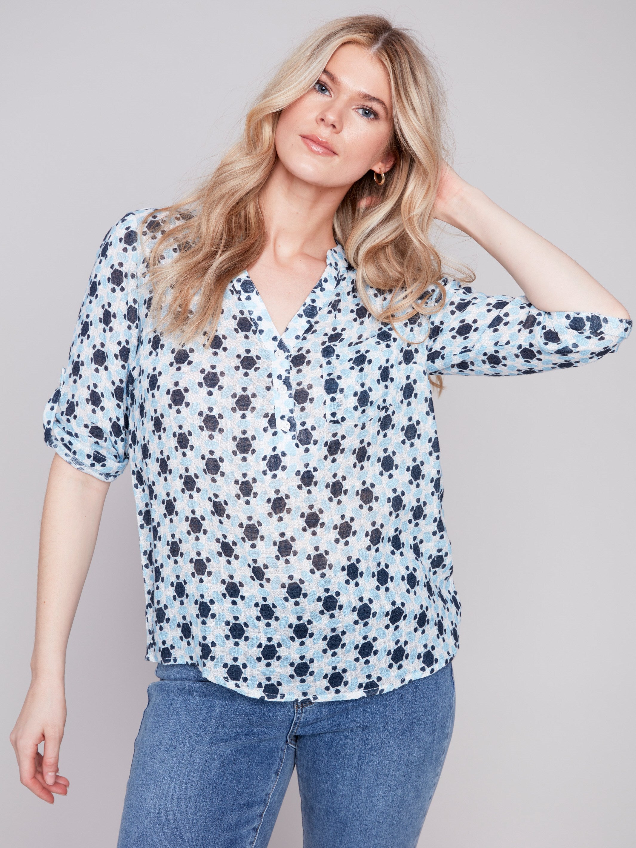 Printed Cotton Gauze Blouse - Geo - Charlie B Collection Canada - Image 1