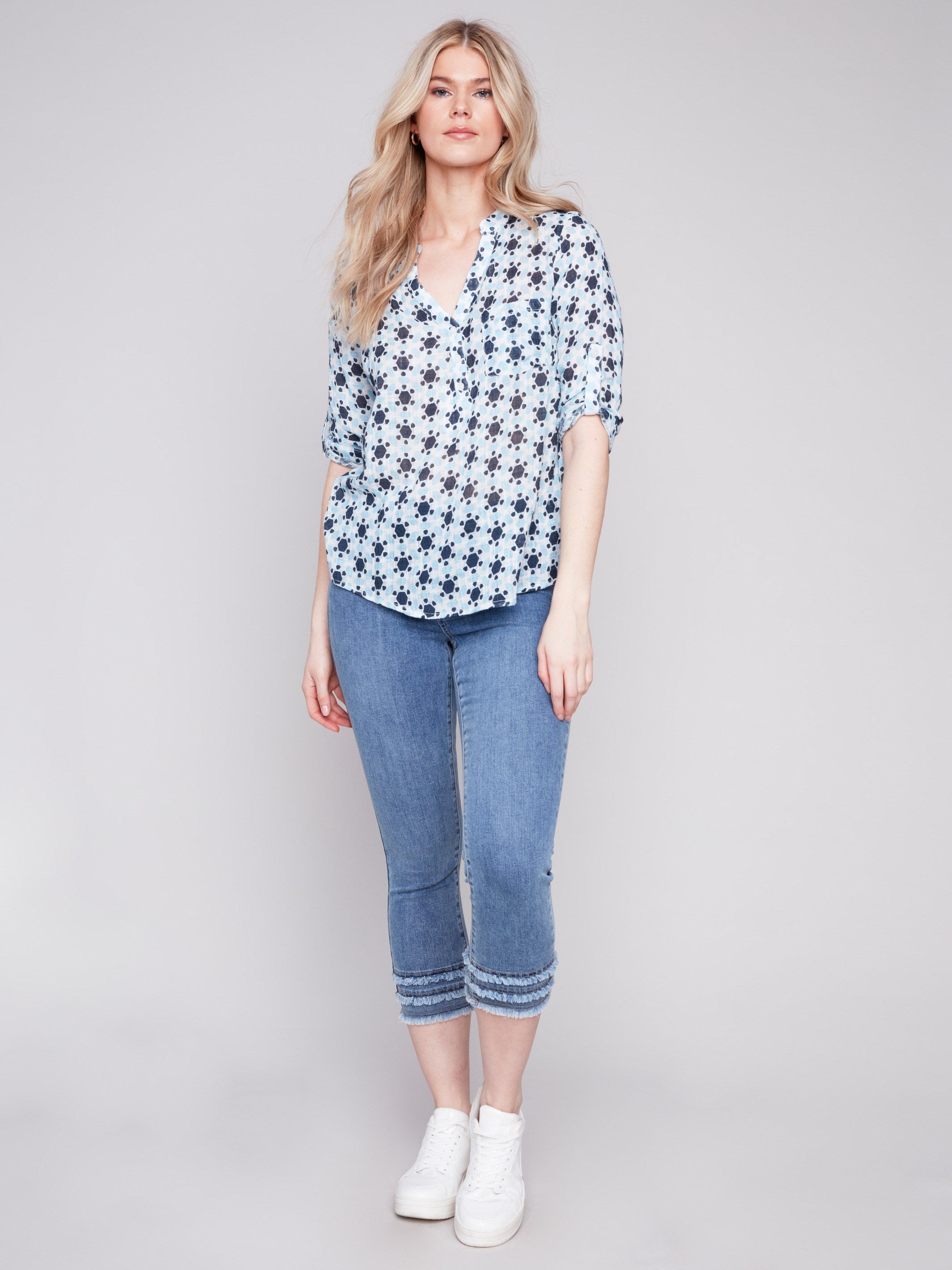 Printed Cotton Gauze Blouse - Geo - Charlie B Collection Canada - Image 3