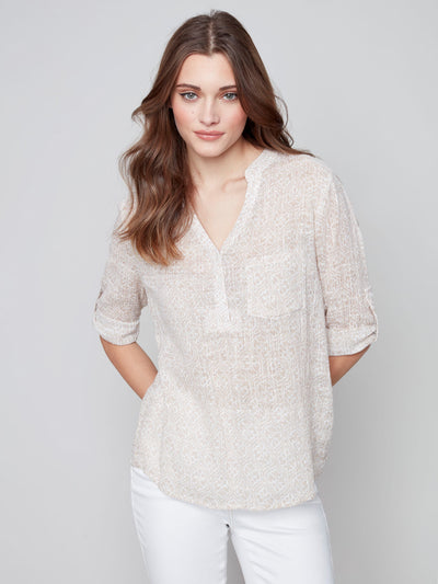 Printed Cotton Gauze Blouse - Greige - C4188 Charlie B Collection Canada 1