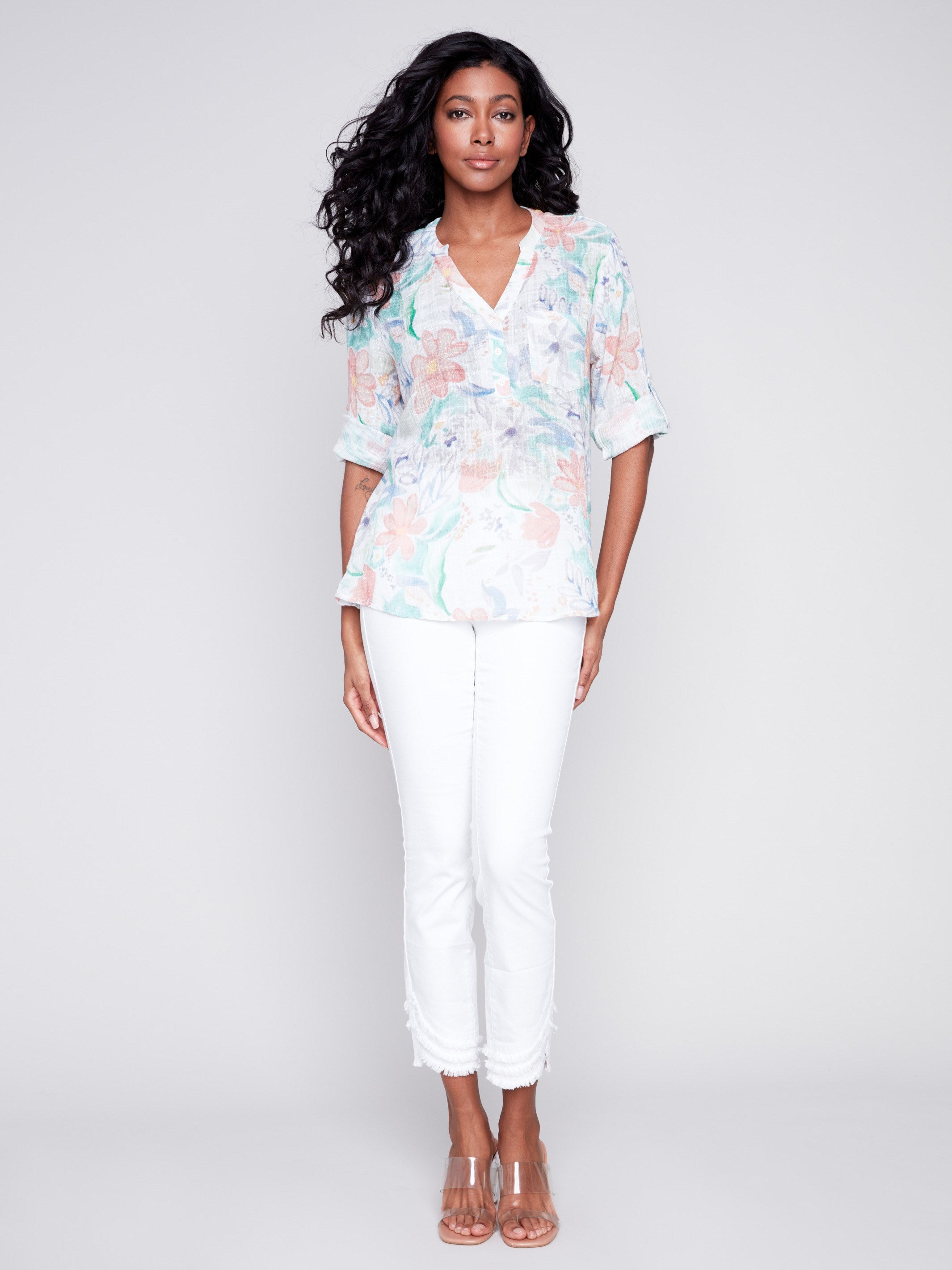 Printed Cotton Gauze Blouse - Lotus - Charlie B Collection Canada - Image 4