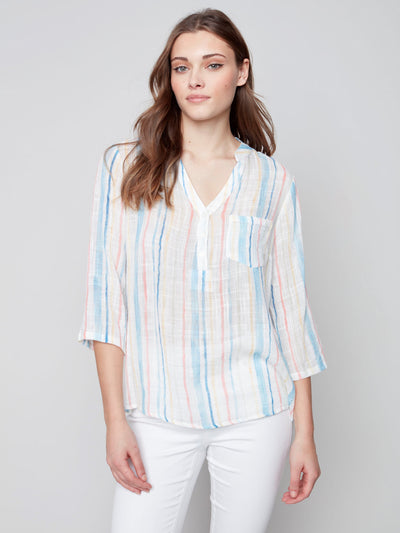 Printed Cotton Gauze Blouse - Stripes - C4188 Charlie B Collection Canada