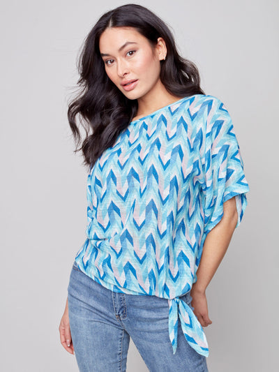Printed Cotton Gauze Blouse with Side Tie - Azul - C4403 Charlie B Collection Canada