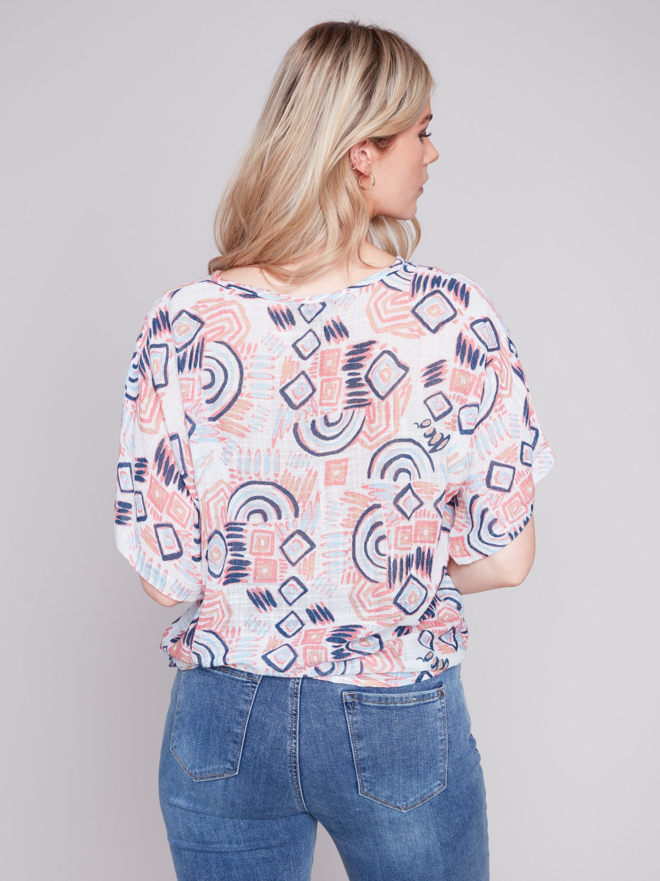 Printed Cotton Gauze Blouse with Side Tie - Scribble - Charlie B Collection Canada - Image 2