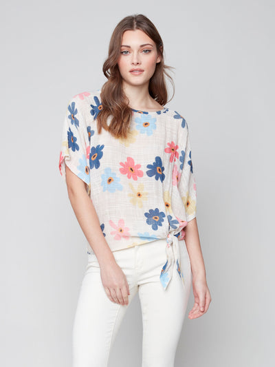 Printed Cotton Gauze Blouse with Side Tie - Daisy - C4403 Charlie B Collection Canada