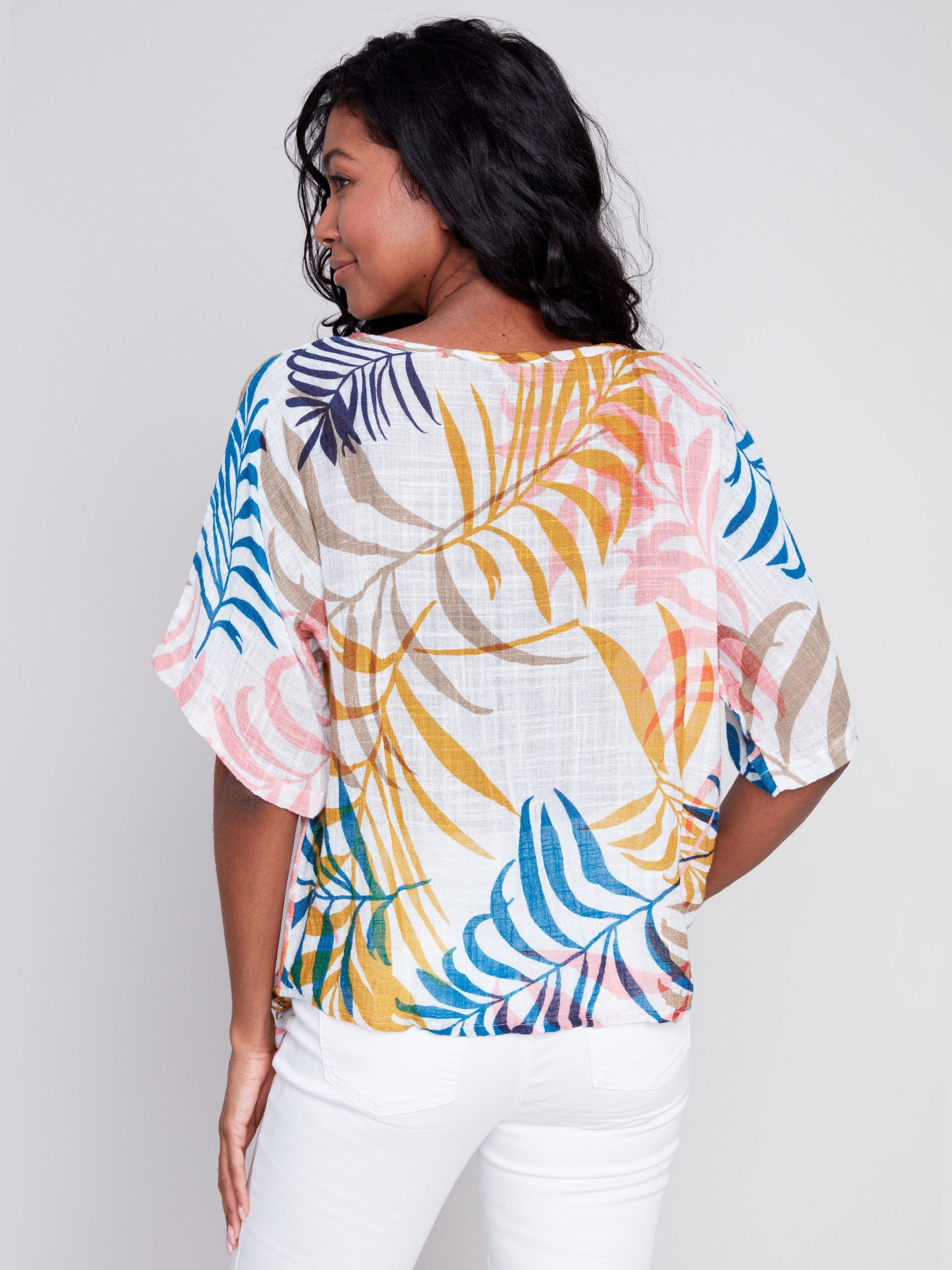 Printed Cotton Gauze Blouse with Side Tie - Leaf - Charlie B Collection Canada - Image 2