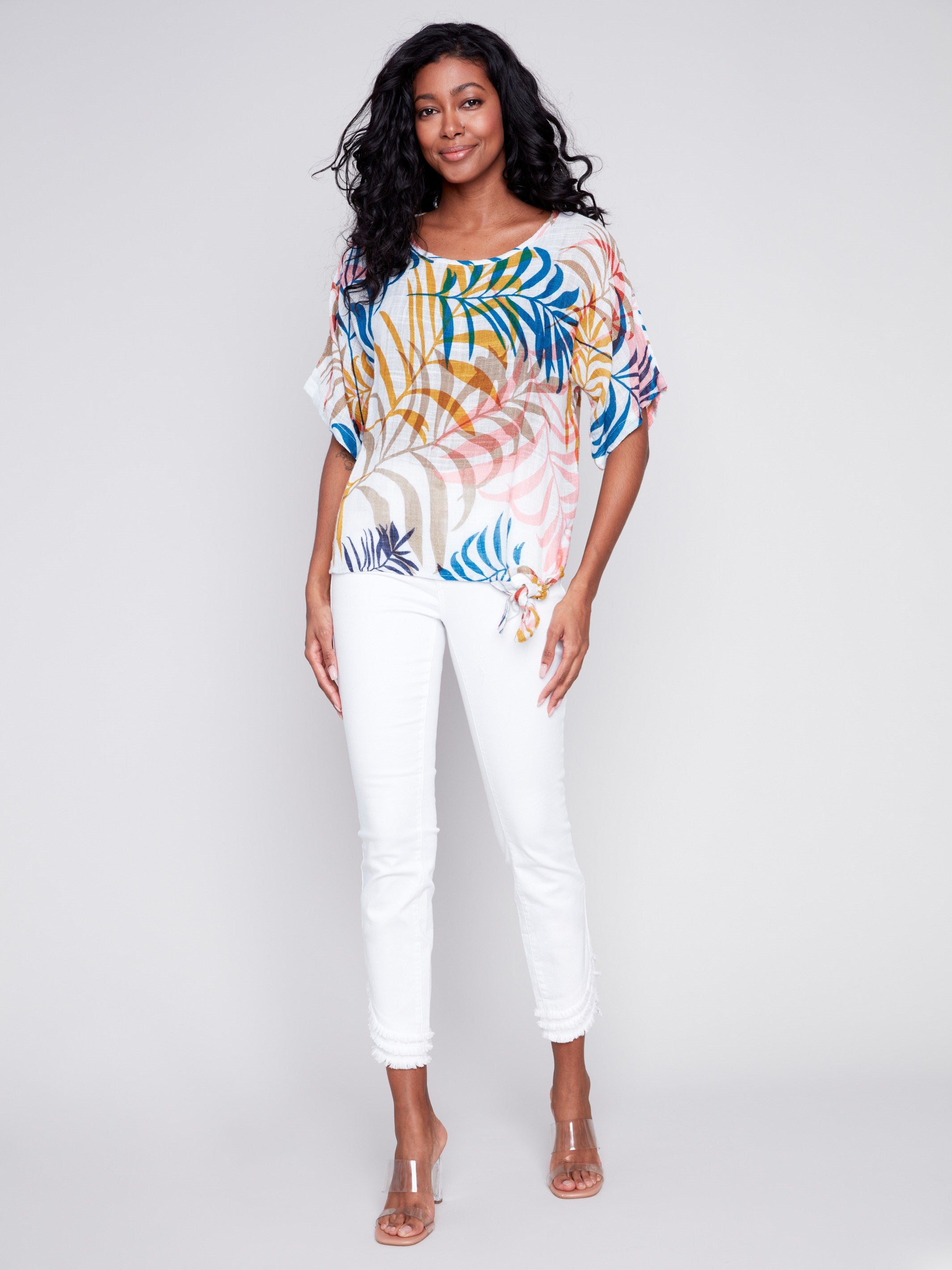Printed Cotton Gauze Blouse with Side Tie - Leaf - Charlie B Collection Canada - Image 3