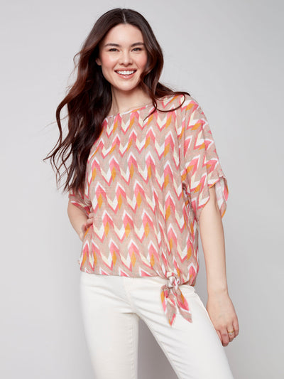 Printed Cotton Gauze Blouse with Side Tie - Grapefruit - C4403 Charlie B Collection Canada