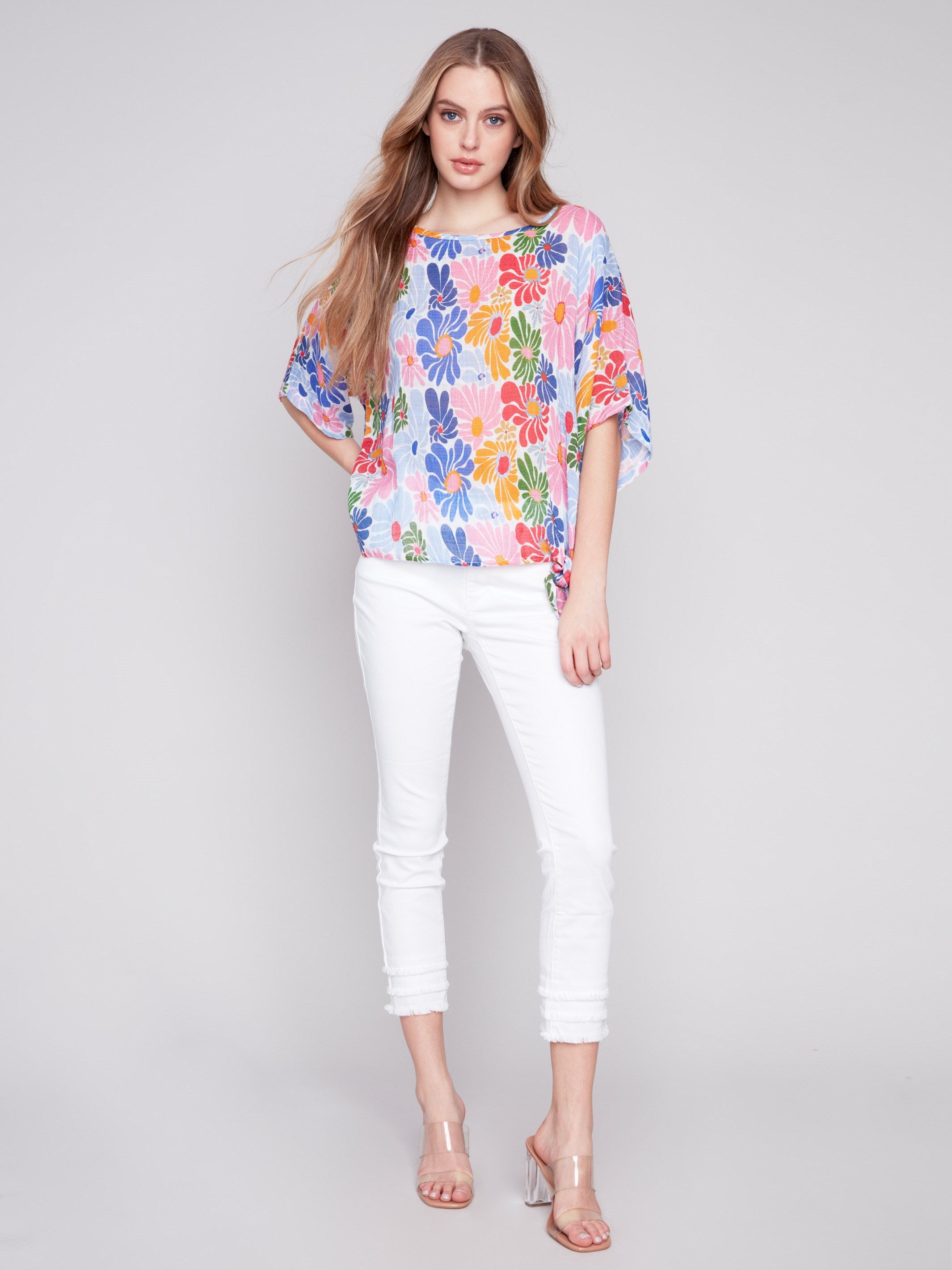 Printed Cotton Gauze Blouse with Side Tie - Multicolor - Charlie B Collection Canada - Image 3