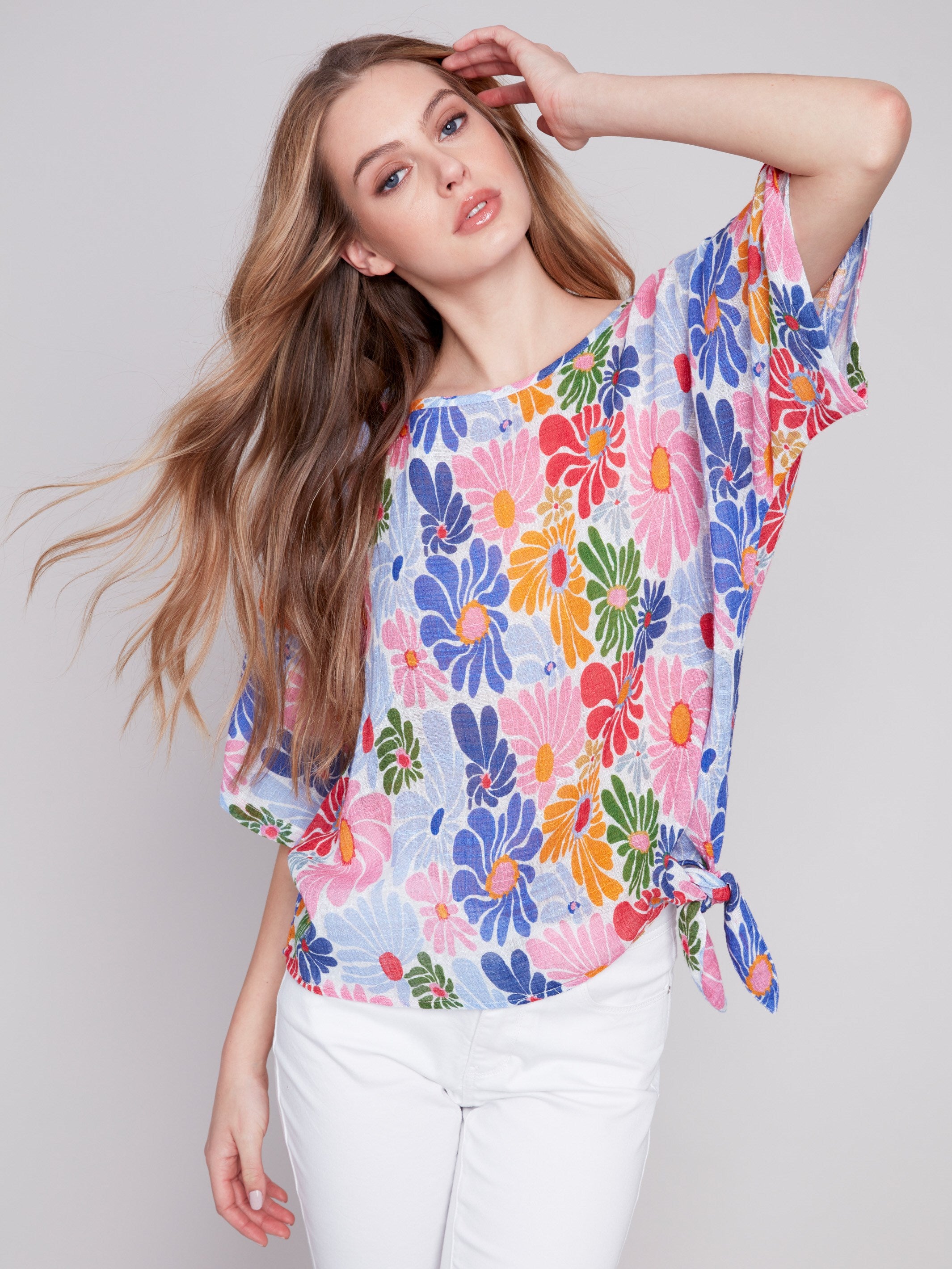 Printed Cotton Gauze Blouse with Side Tie - Multicolor - Charlie B Collection Canada - Image 2
