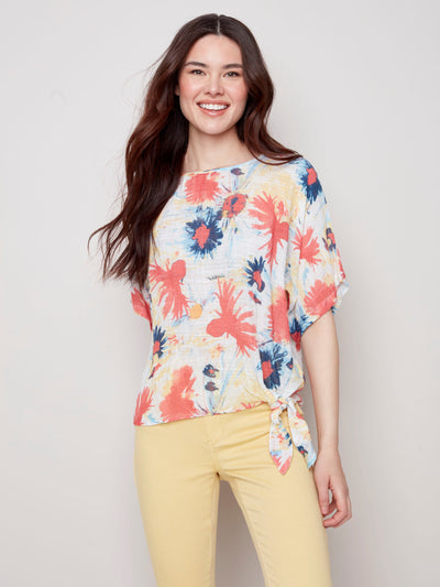 Printed Cotton Gauze Blouse with Side Tie - Poppy - C4403 Charlie B Collection Canada