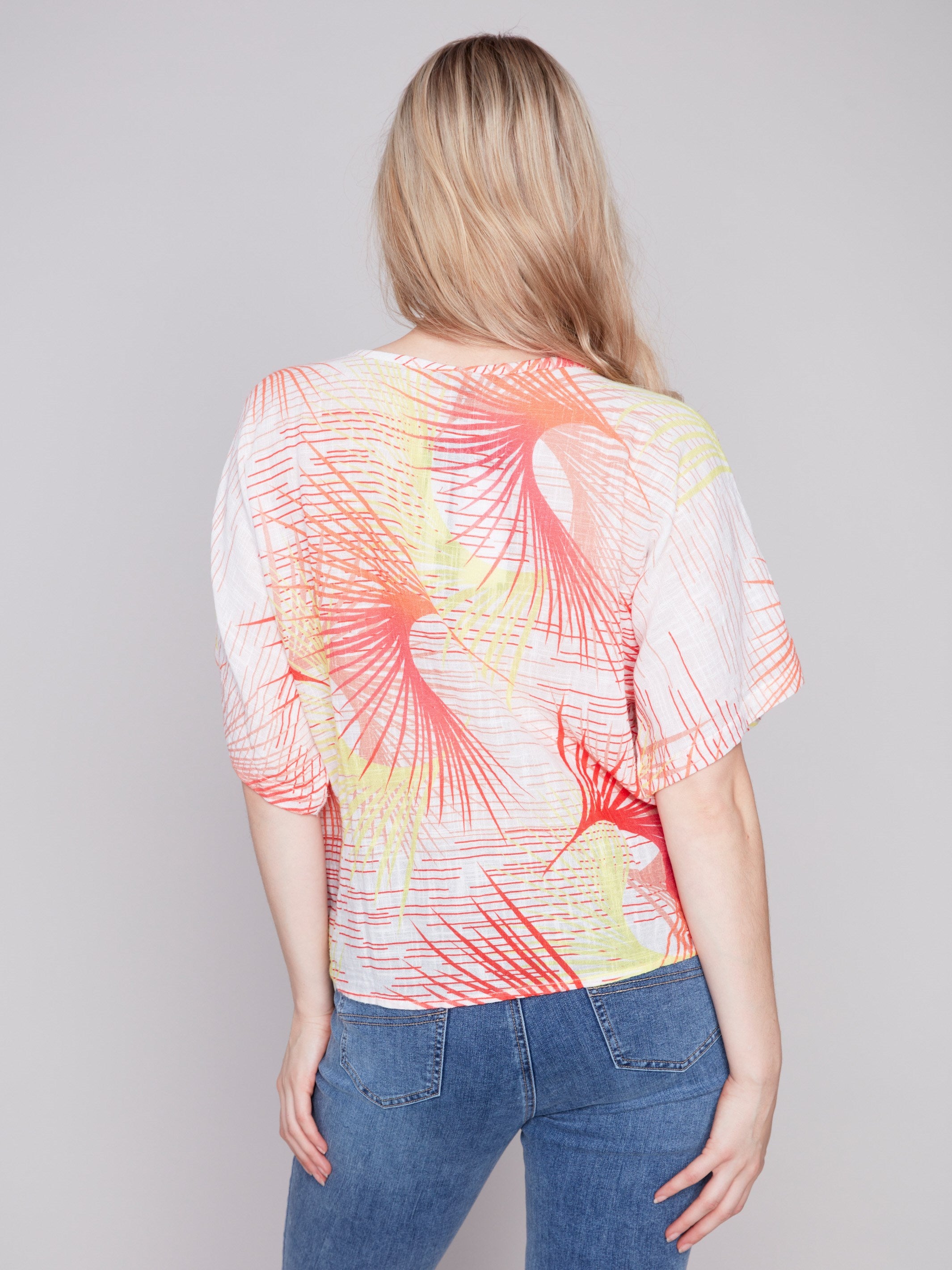Printed Cotton Gauze Blouse with Side Tie - Punch - Charlie B Collection Canada - Image 2